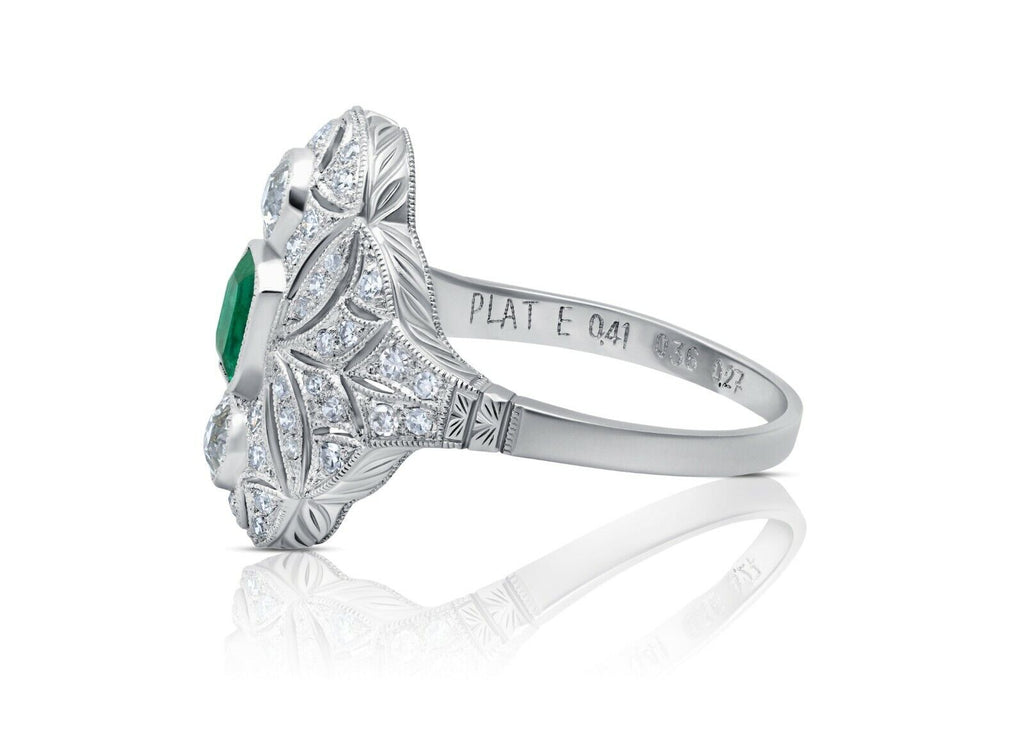 Art Deco Diamond Emerald Platinum Ring Natural 1.04CTW Rose Cut Antique Inspired