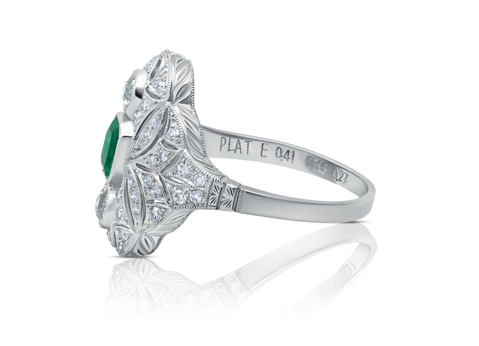 Art Deco Diamond Emerald Platinum Ring Natural 1.04CTW Rose Cut Antique Inspired
