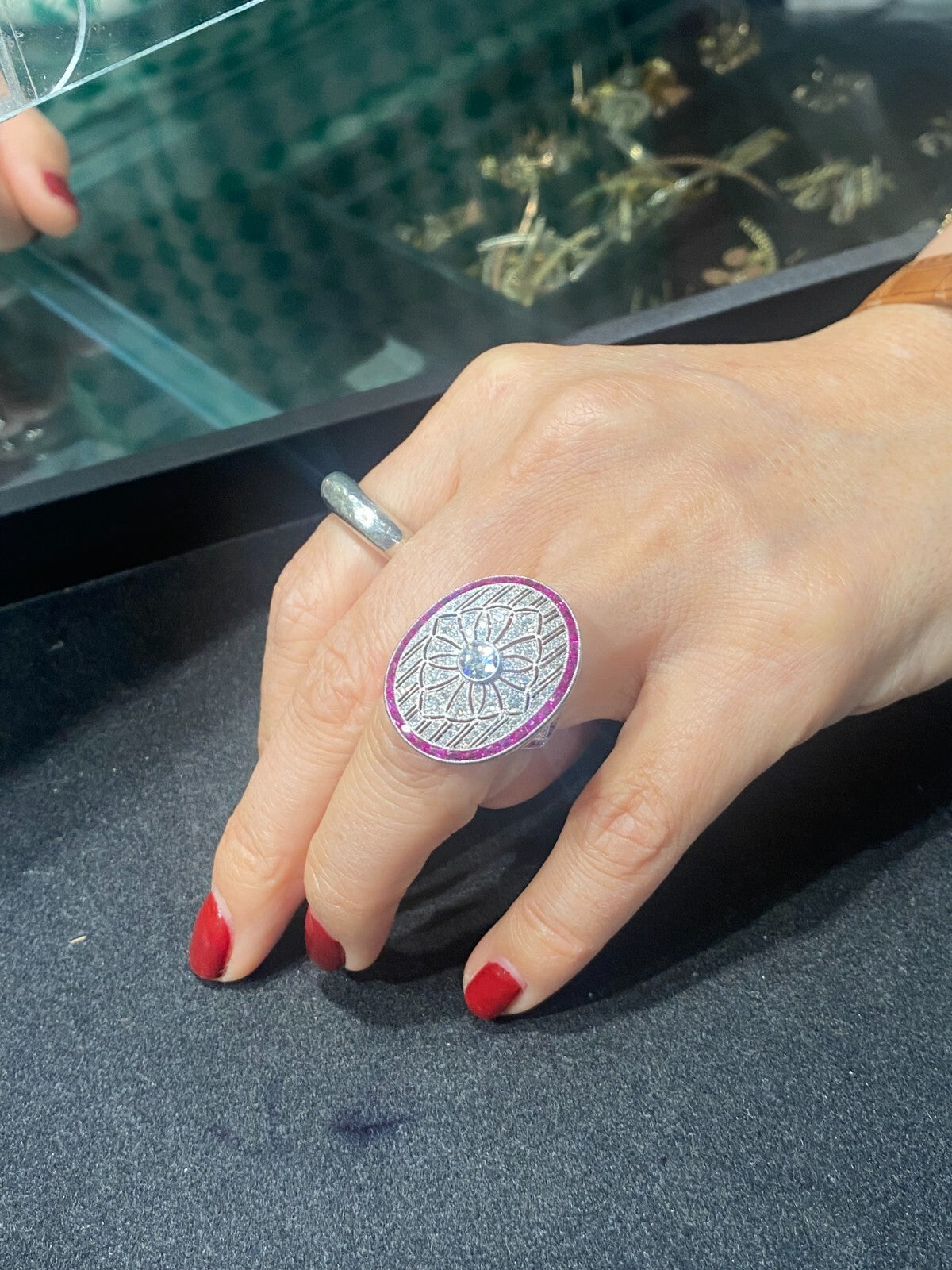 Diamond Ruby Platinum Ring Art Deco Natural Old European Cut Antique Inspired