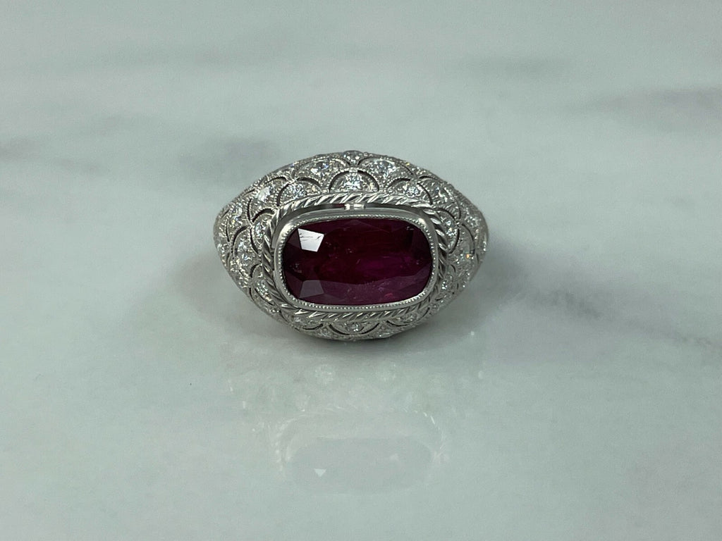 Art Deco Cushion Ruby Diamond Platinum Ring Handmade GIA Antique Finish 5.49 TCW