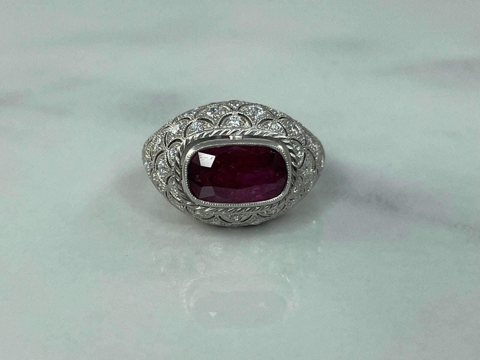 Art Deco Cushion Ruby Diamond Platinum Ring Handmade GIA Antique Finish 5.49 TCW