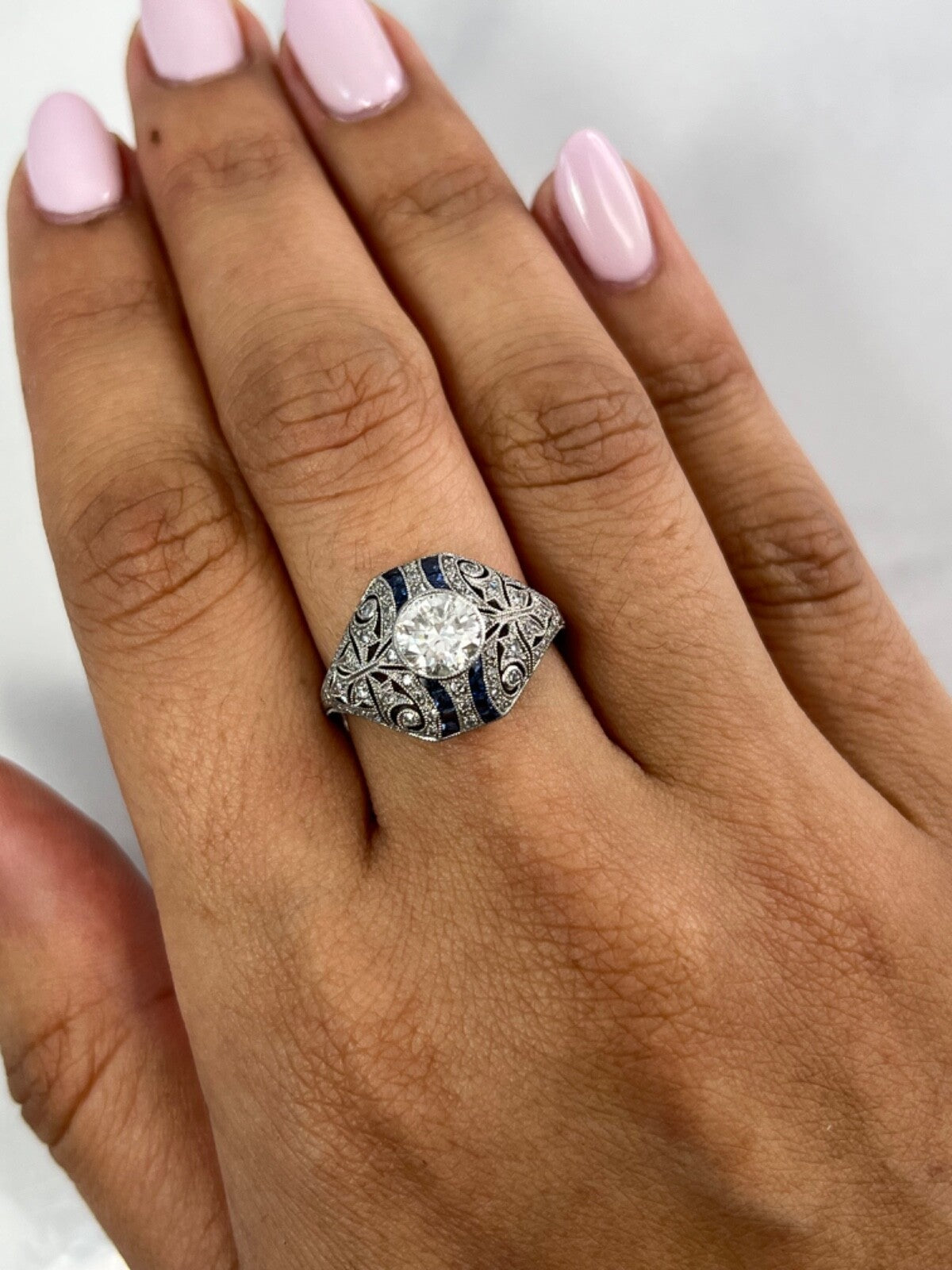 Diamond Blue Sapphire Platinum Engagement Ring Natural 1.30 TCW Art Deco