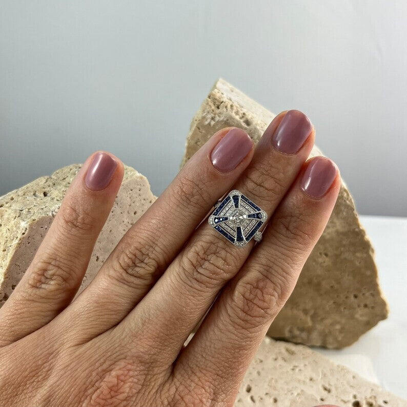 Art Deco Inspired Asscher Cut Diamond Sapphire Platinum Ring Natural 1.45 CTW