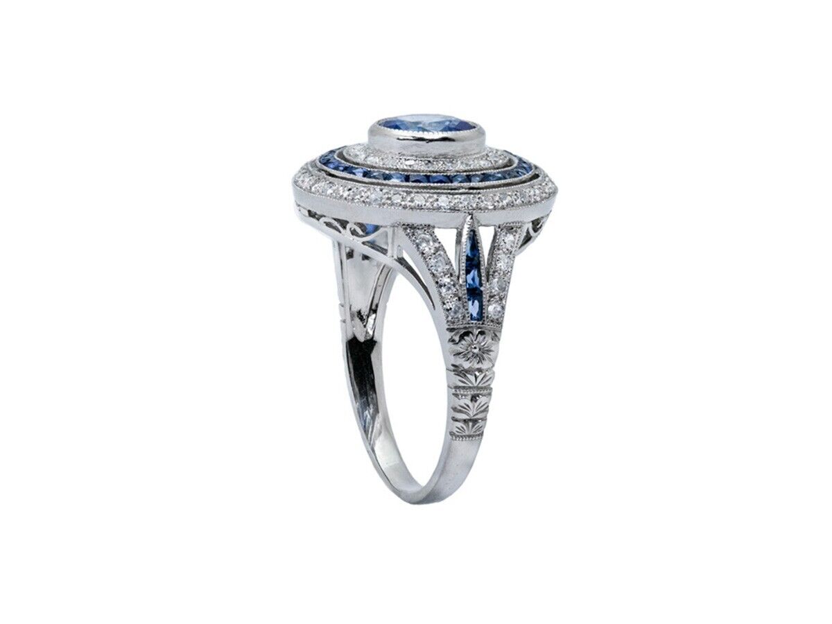 Art Deco Diamond Blue Sapphire Platinum Ring Cocktail 2.20 TCW Natural