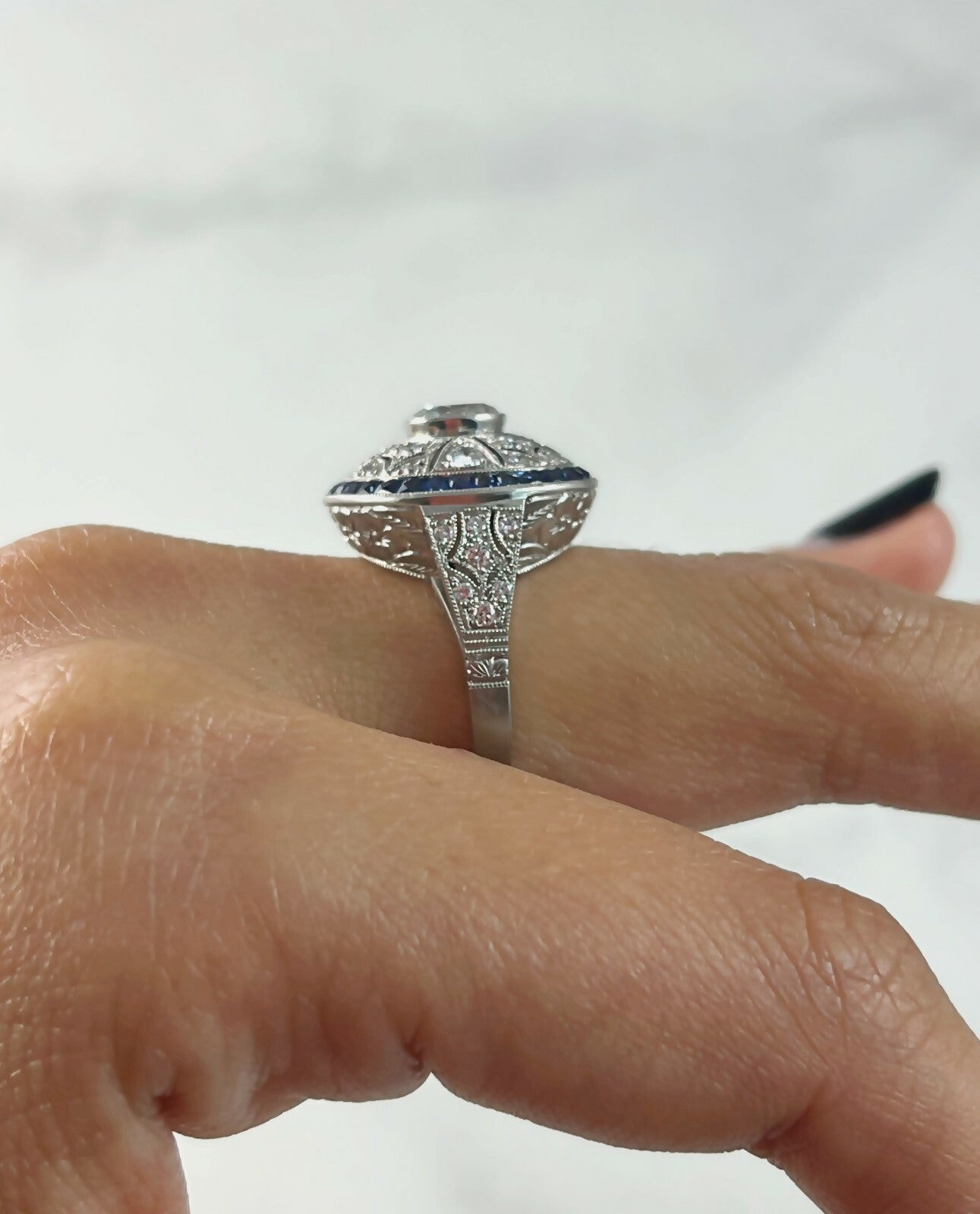 Art Deco Diamond Blue Sapphire Platinum Ring Cocktail 2.20 TCW Natural