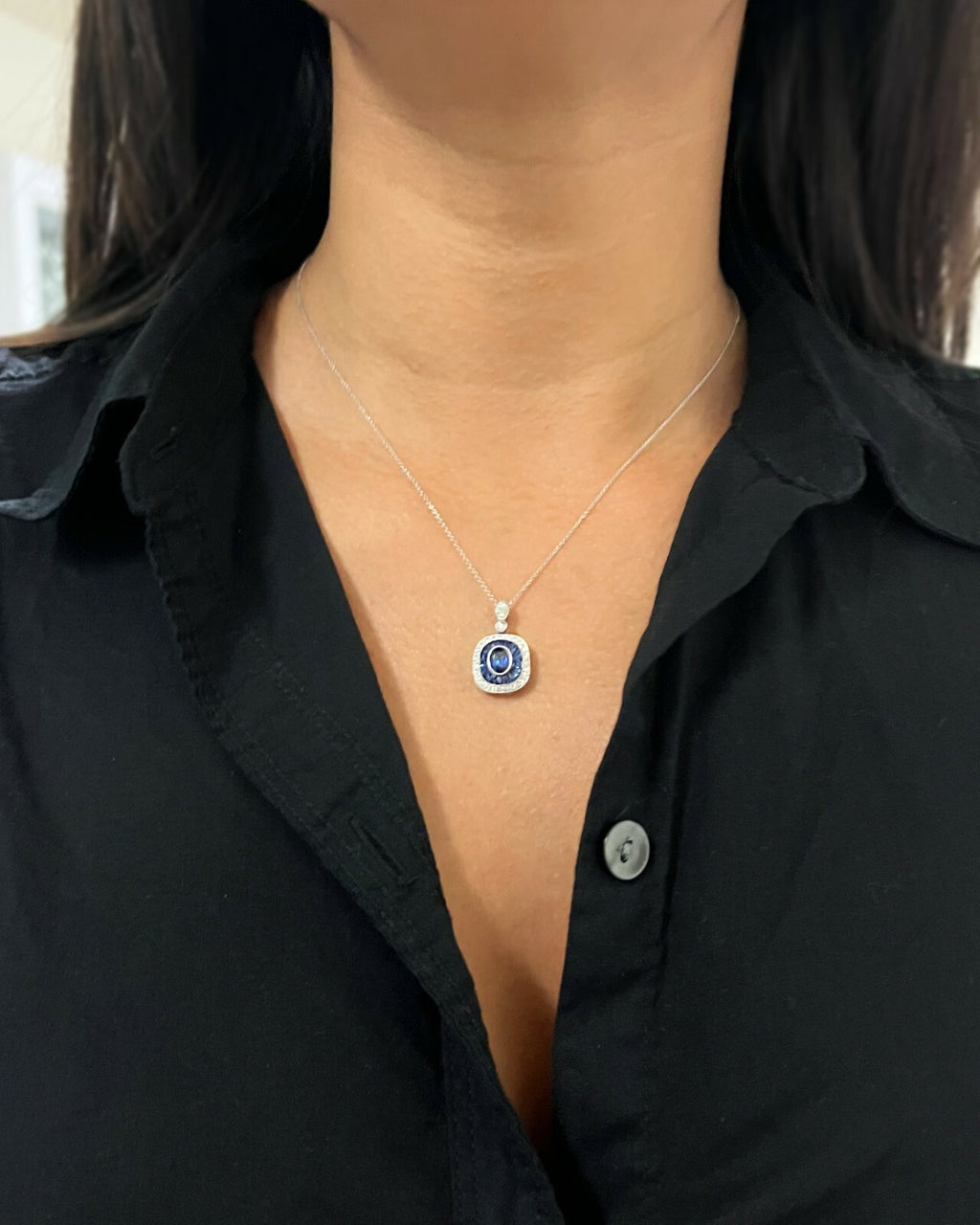 Blue Sapphire Diamond Platinum Pendant Necklace Art Deco Natural French Cut