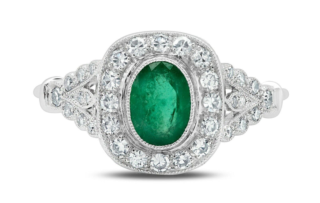 Emerald Diamond Platinum Engagement Ring Art Deco Natural 1.97 TCW Oval round