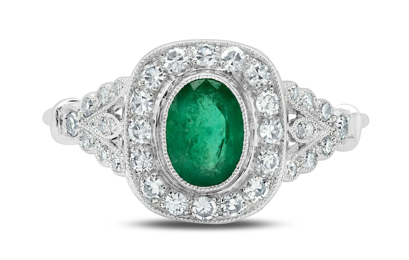 Emerald Diamond Platinum Engagement Ring Art Deco Natural 1.97 TCW Oval round