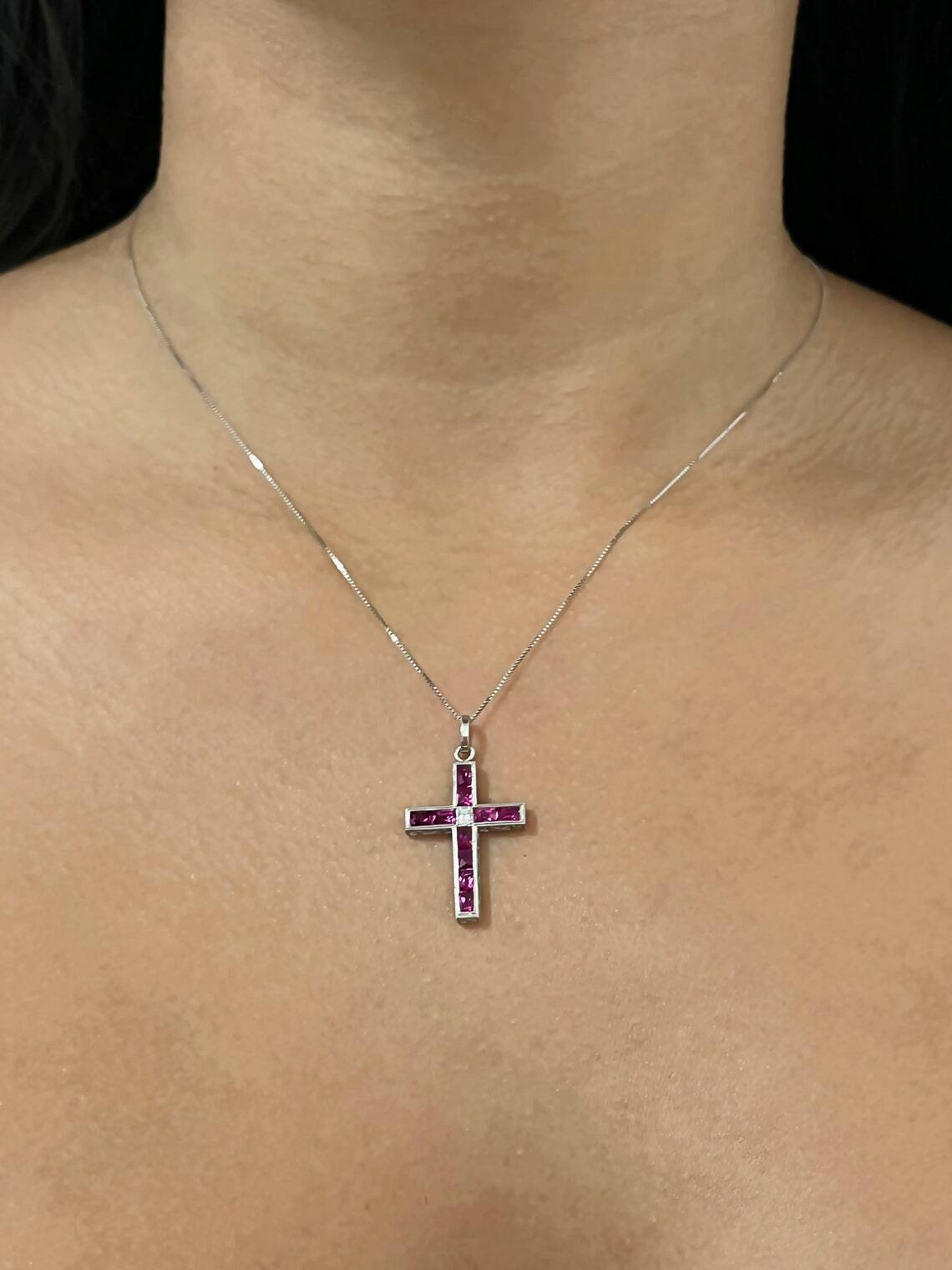 Ruby Diamond Cross Pendant Necklace Platinum Art Deco Natural 1.00 CTW Handmade