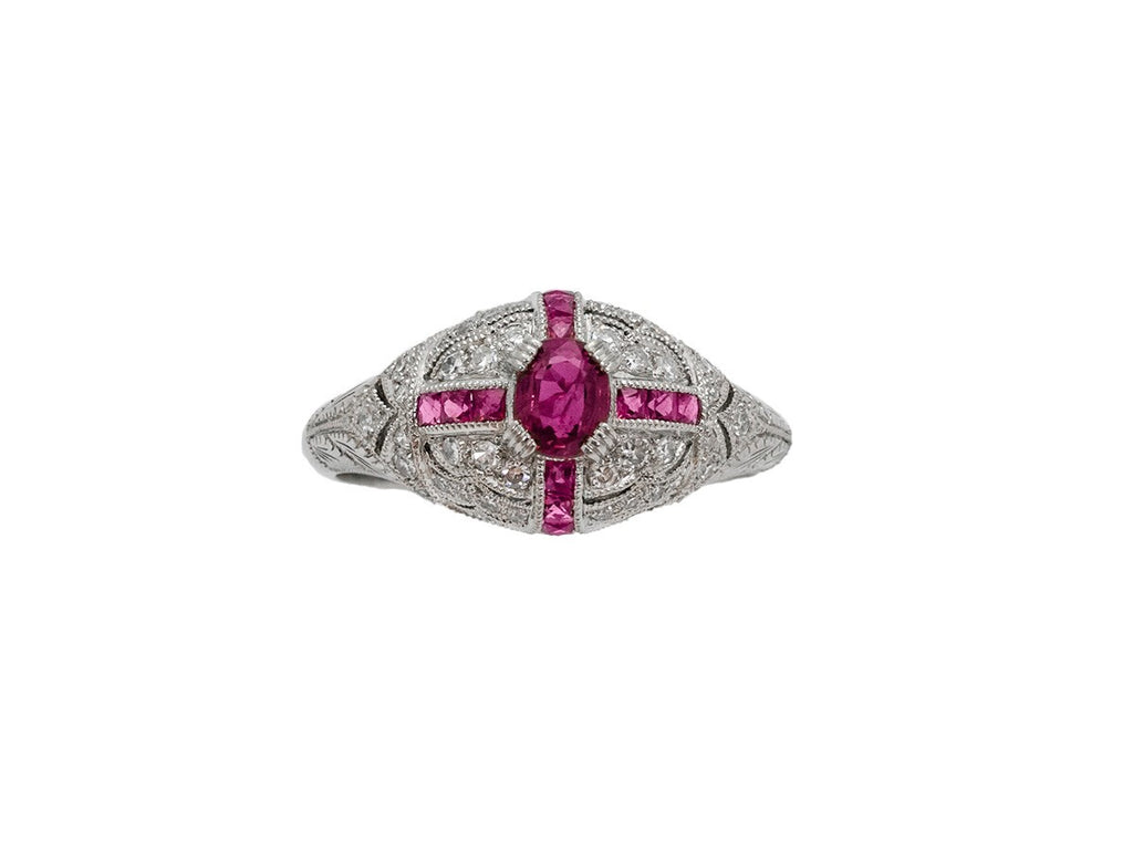 Art Deco Ruby Diamond Platinum Ring Antique Inspired Natural Handmade Certified