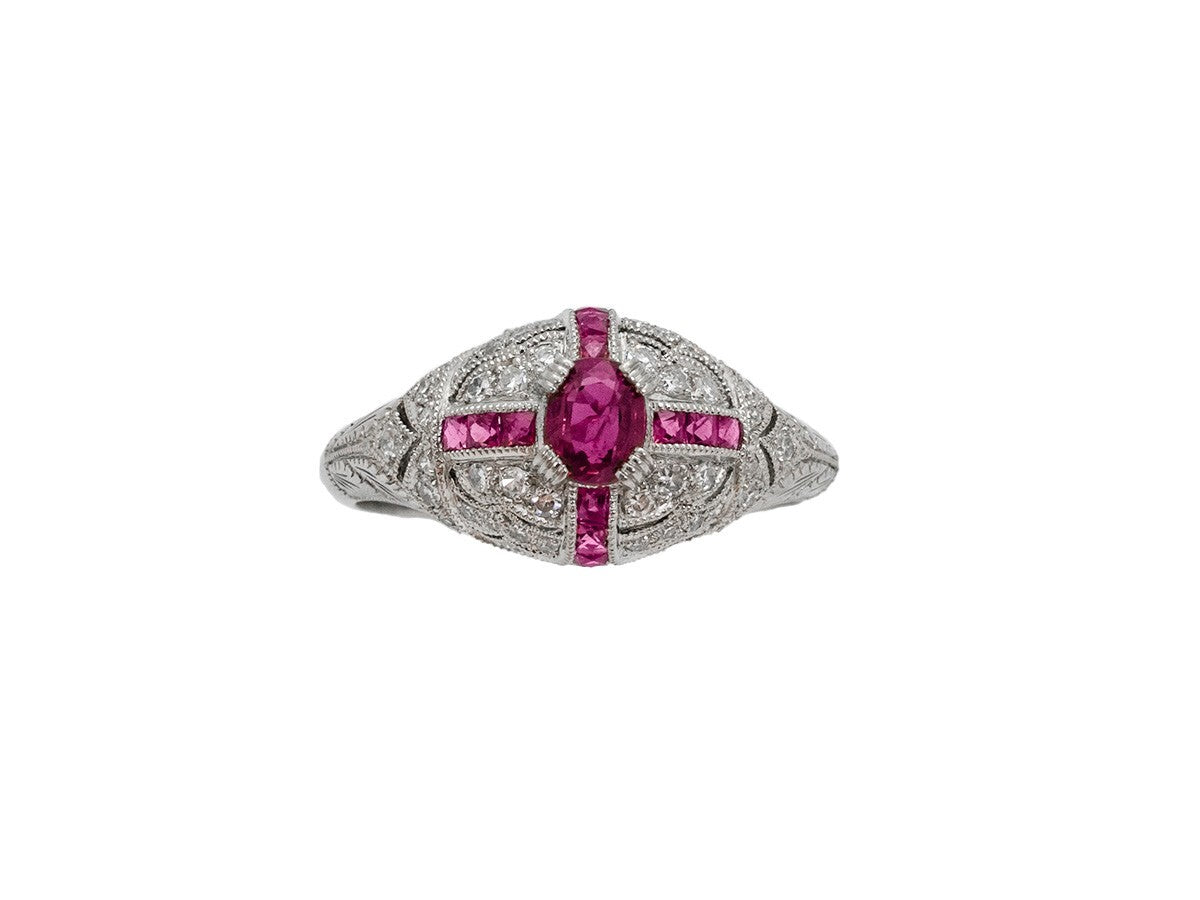 Art Deco Ruby Diamond Platinum Ring Antique Inspired Natural Handmade Certified