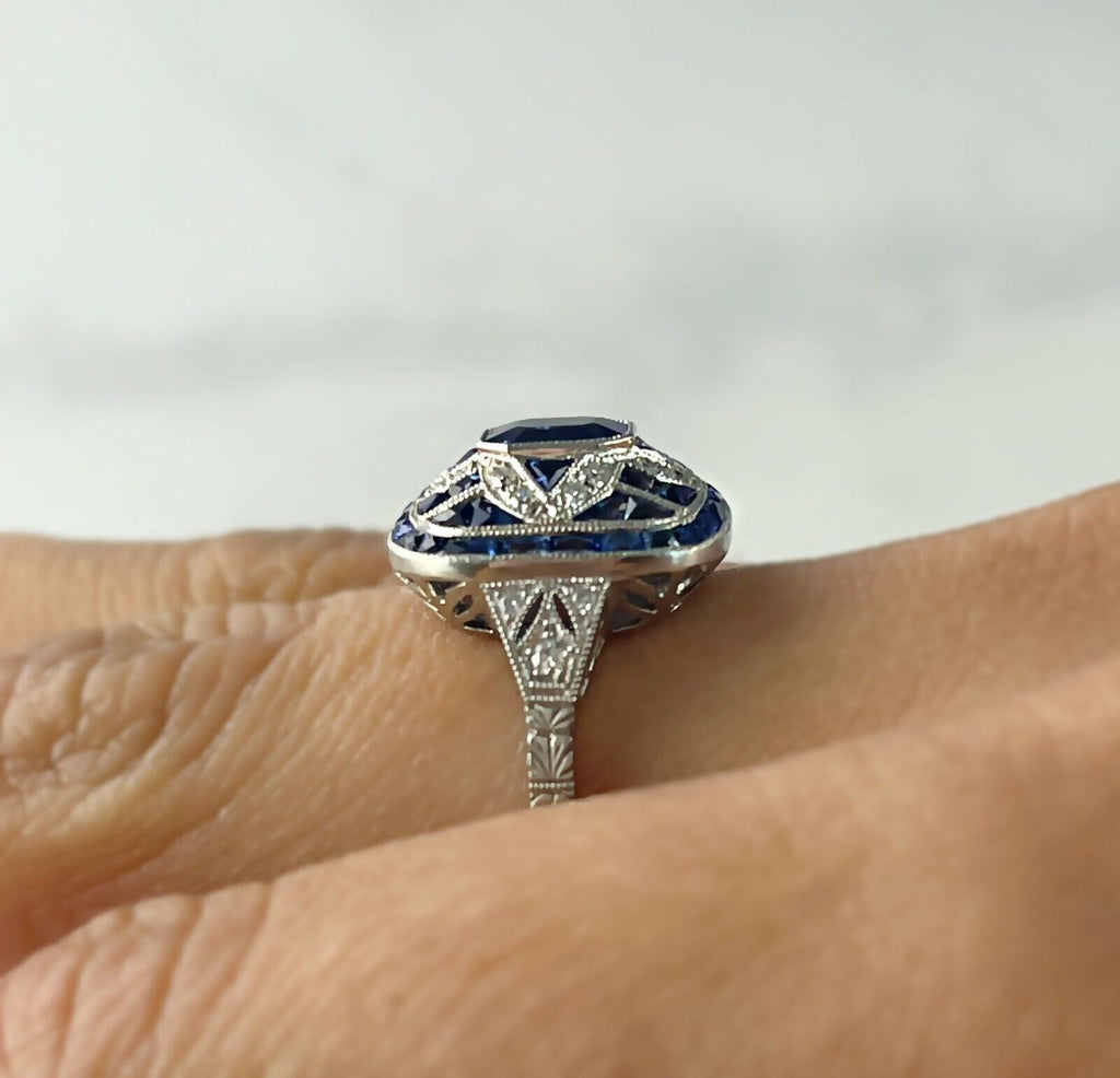 Art Deco Blue Sapphire Diamond Platinum Ring Natural Antique Finish 2.72 CTW
