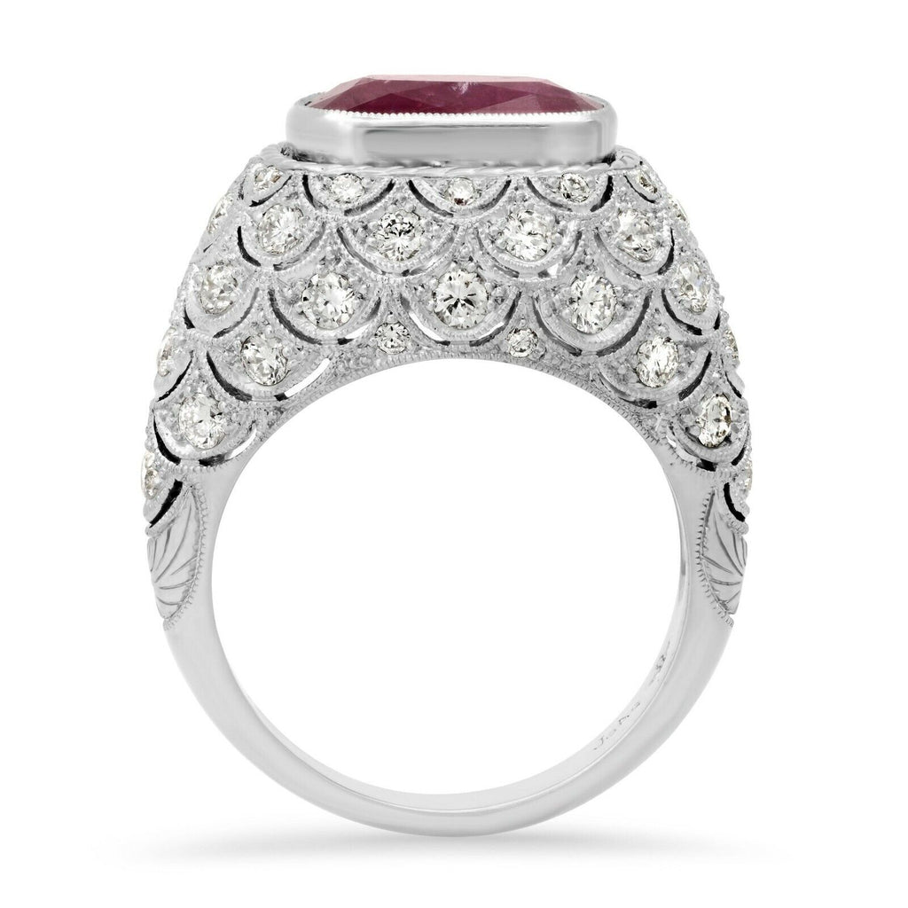 Art Deco Cushion Ruby Diamond Platinum Ring Handmade GIA Antique Finish 5.49 TCW