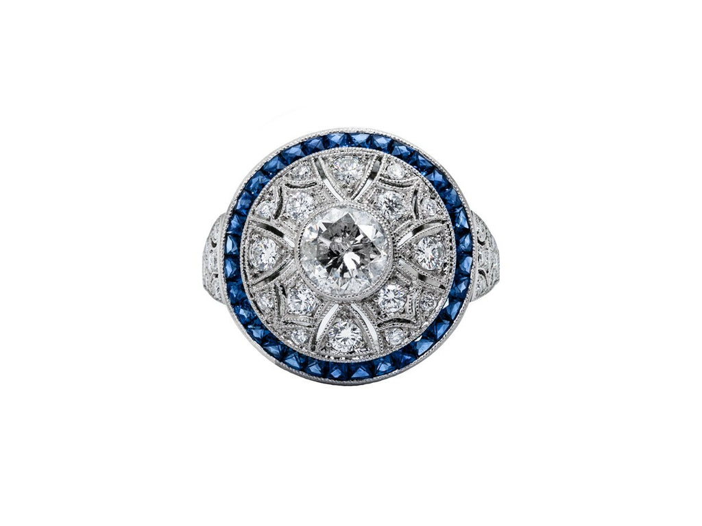 Art Deco Diamond Blue Sapphire Platinum Ring Cocktail 2.20 TCW Natural