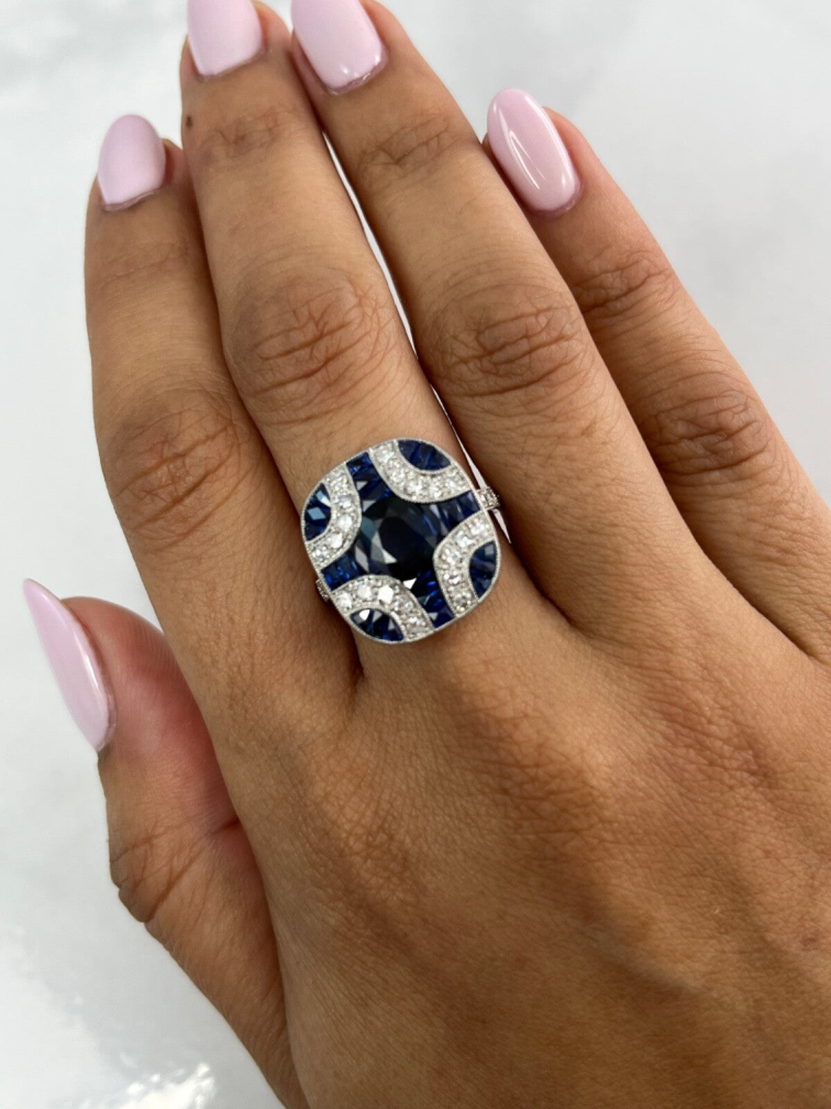 Art Deco Blue Sapphire Diamond Platinum Ring Handmade Oval Cut Antique Inspired