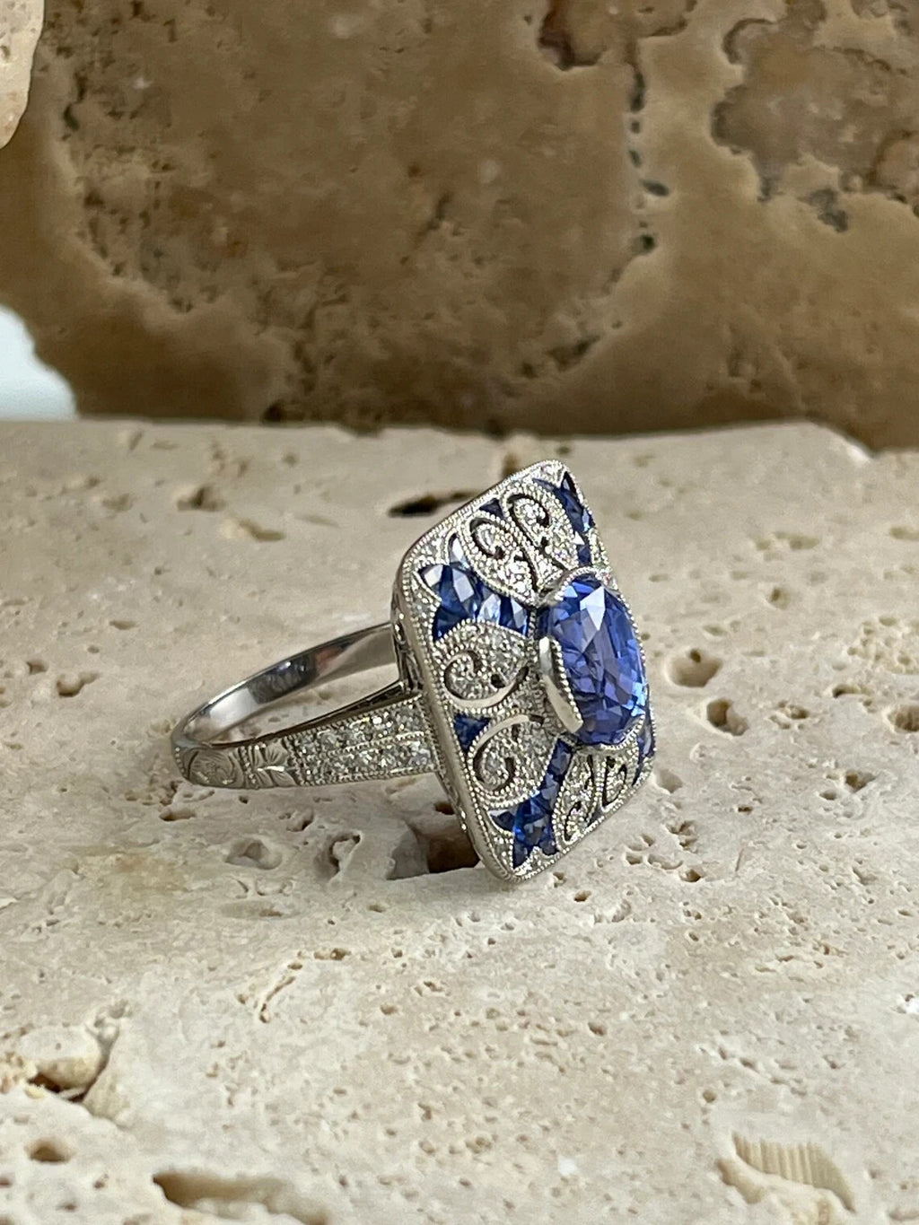Art Deco Inspired Oval Sapphire Diamond Platinum Ring Natural 4.89 CTW Certified