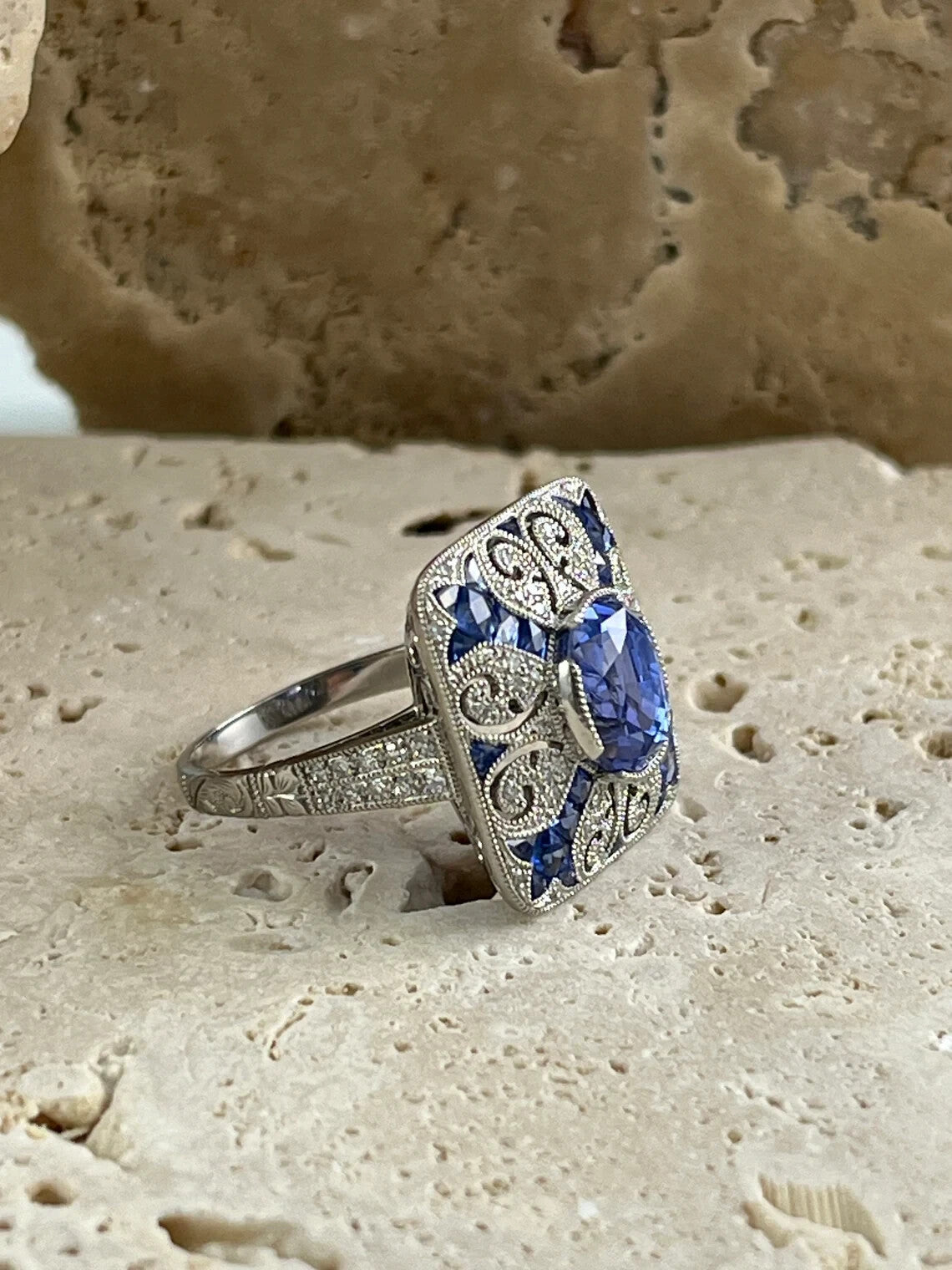 Art Deco Inspired Oval Sapphire Diamond Platinum Ring Natural 4.89 CTW Certified