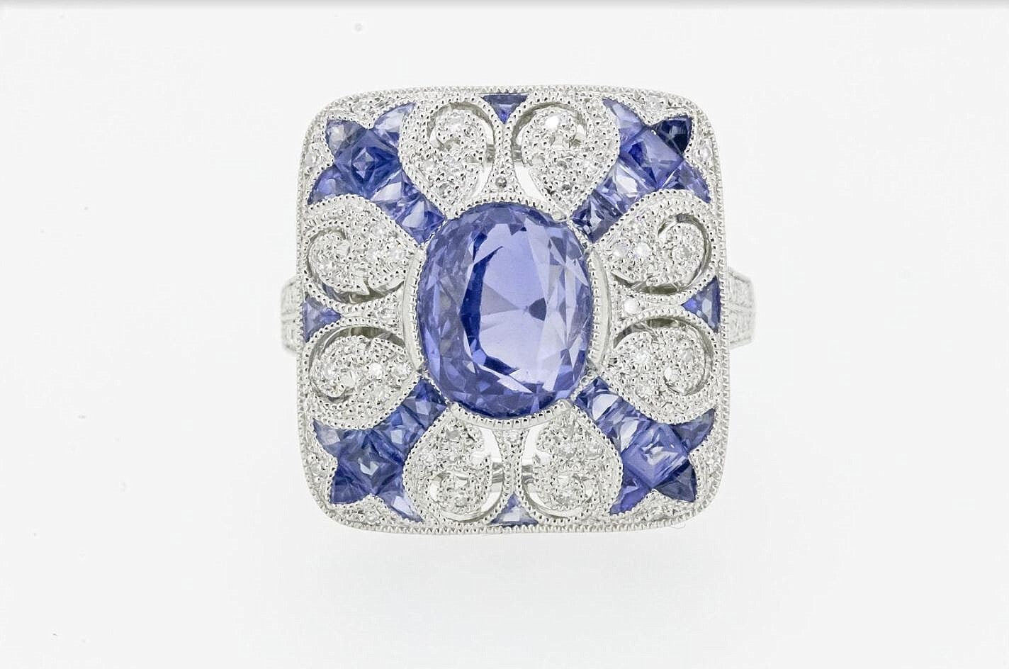 Art Deco Inspired Oval Sapphire Diamond Platinum Ring Natural 4.89 CTW Certified