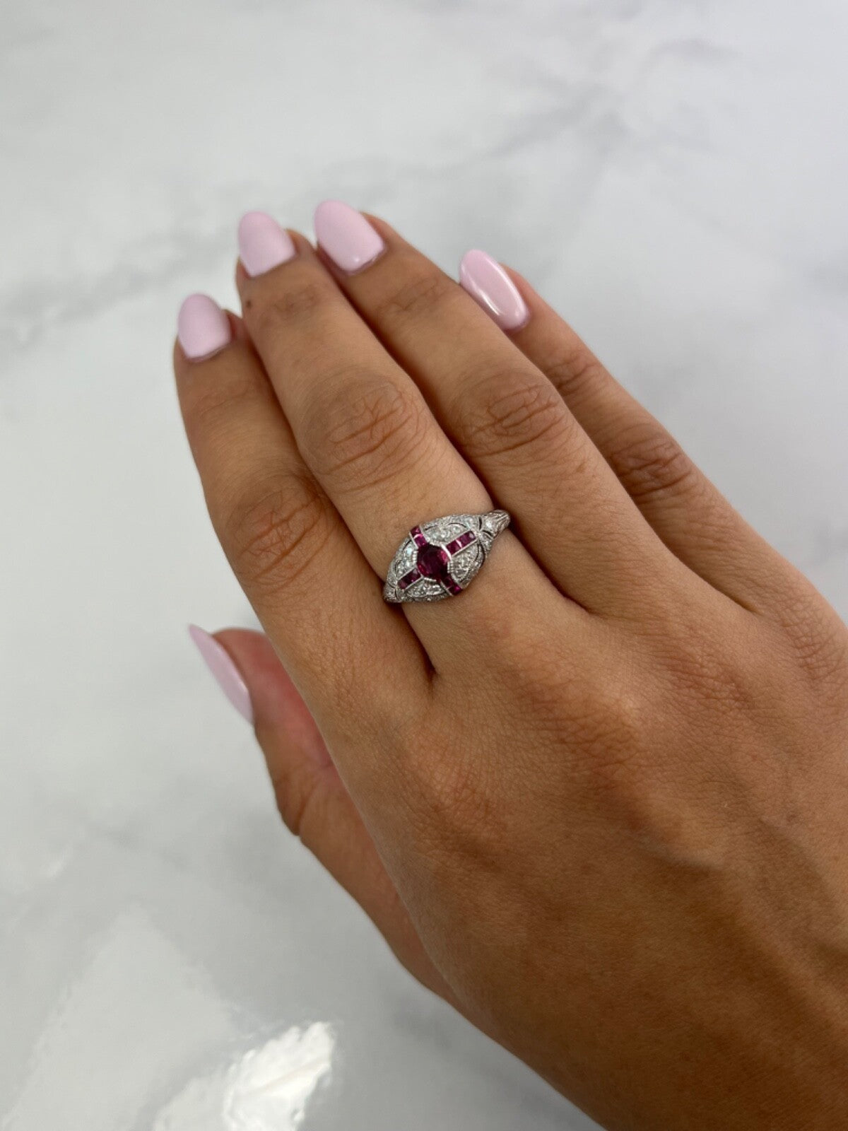 Art Deco Ruby Diamond Platinum Ring Antique Inspired Natural Handmade Certified