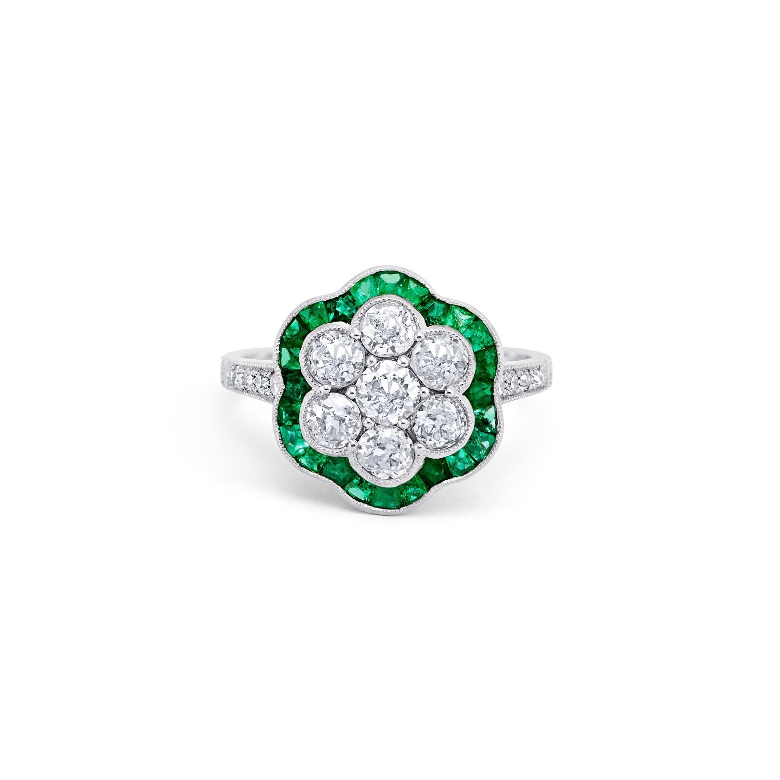 Diamond Emerald Platinum Flower Ring Art Deco Cocktail Handmade Natural 1.60 CTW