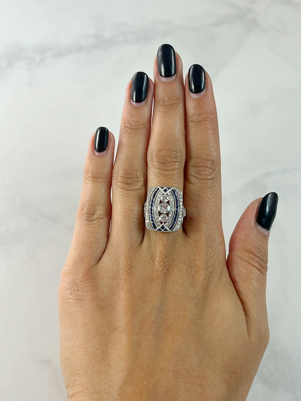 Art Deco Diamond Blue Sapphire Platinum Ring Handmade Antique Finish Cocktail