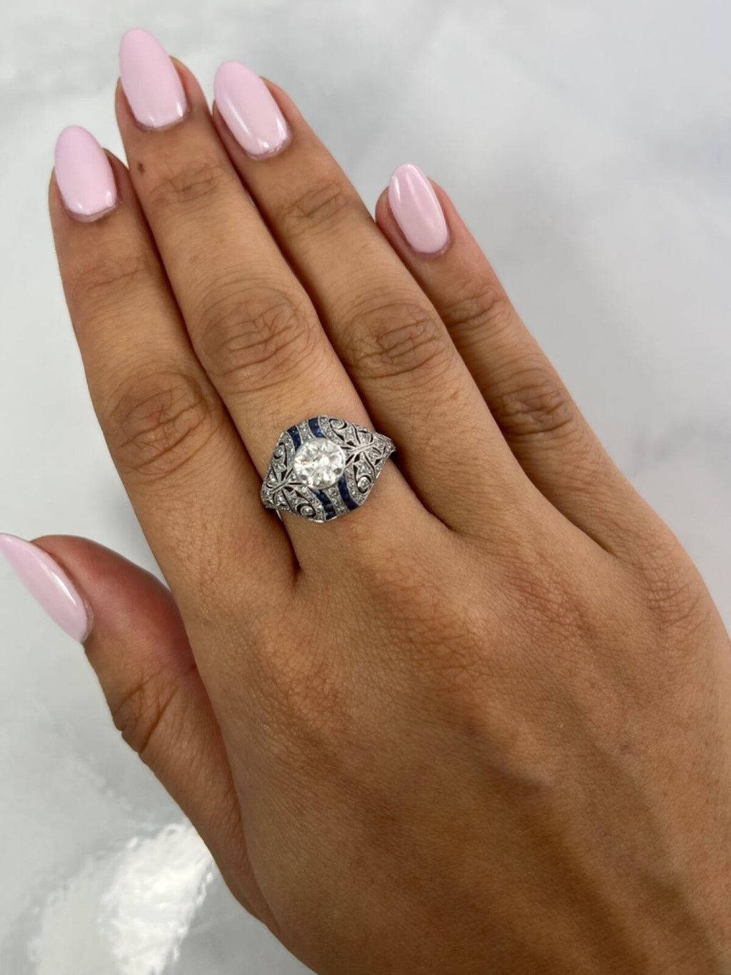Diamond Blue Sapphire Platinum Engagement Ring Natural 1.30 TCW Art Deco