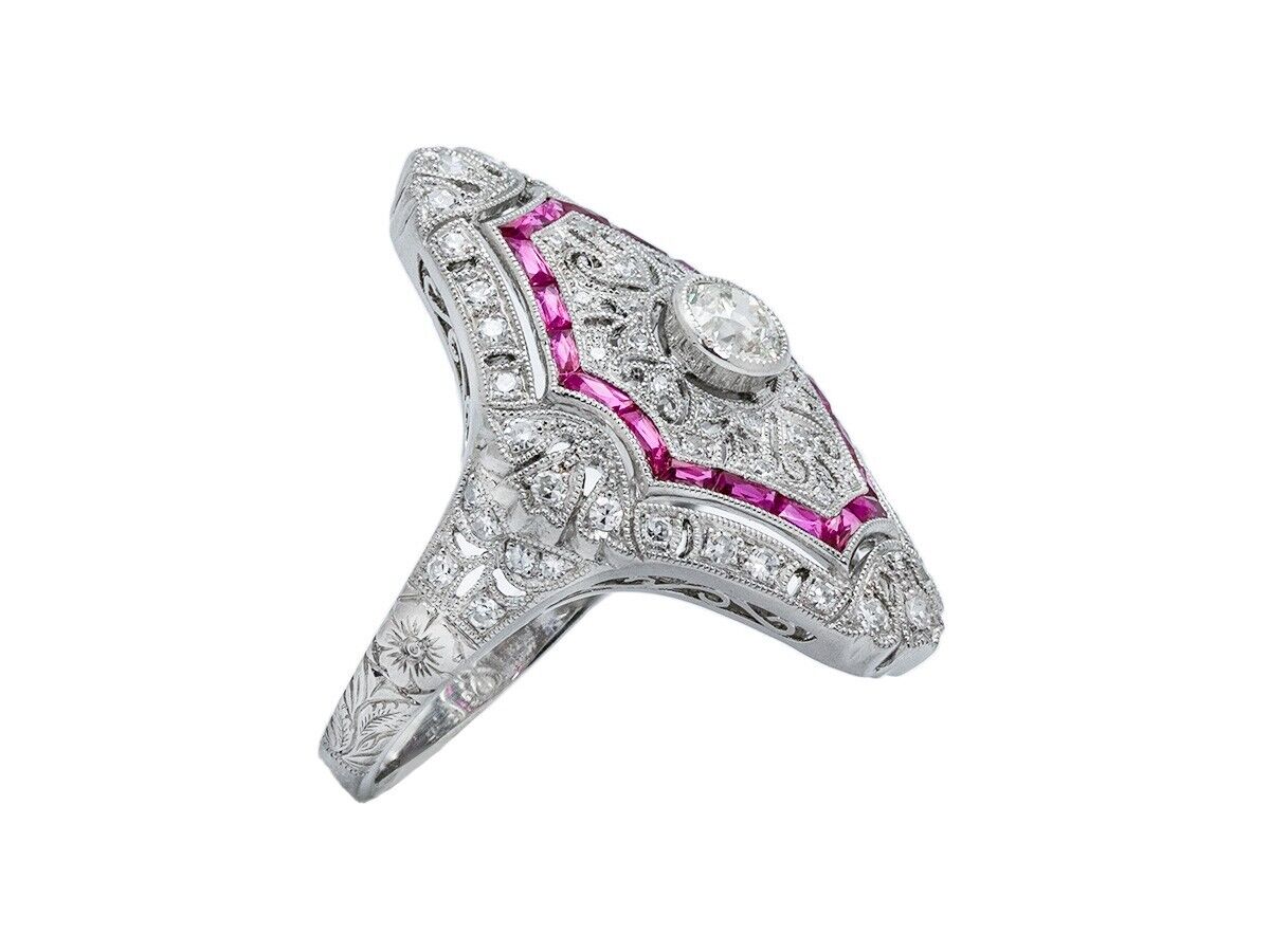 Art Deco Diamond Ruby Platinum Ring Antique Design Handmade Natural 1.10 CTW