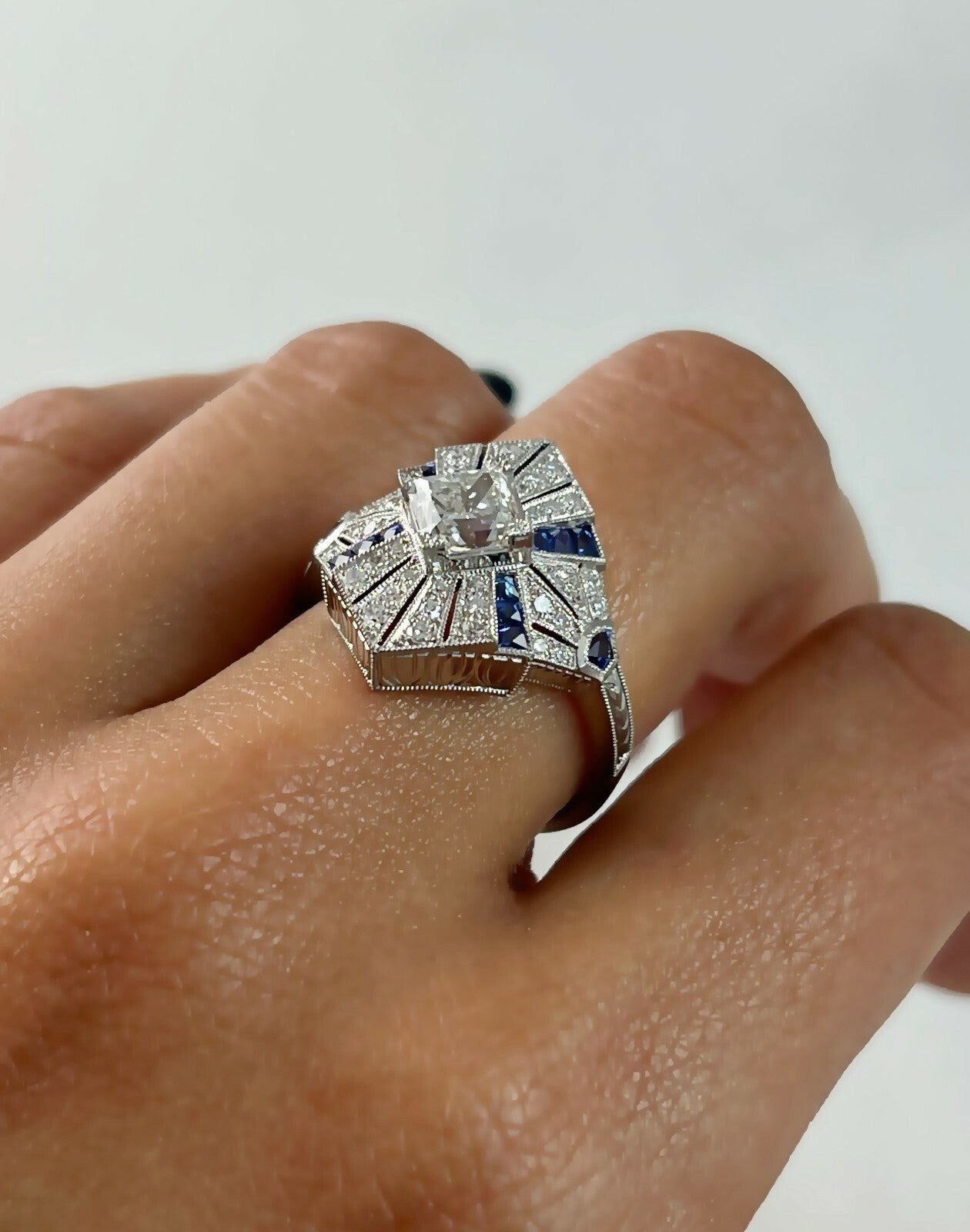 Princess Cut Diamond Sapphire Platinum Ring Engagement Art Deco Handmade Natural