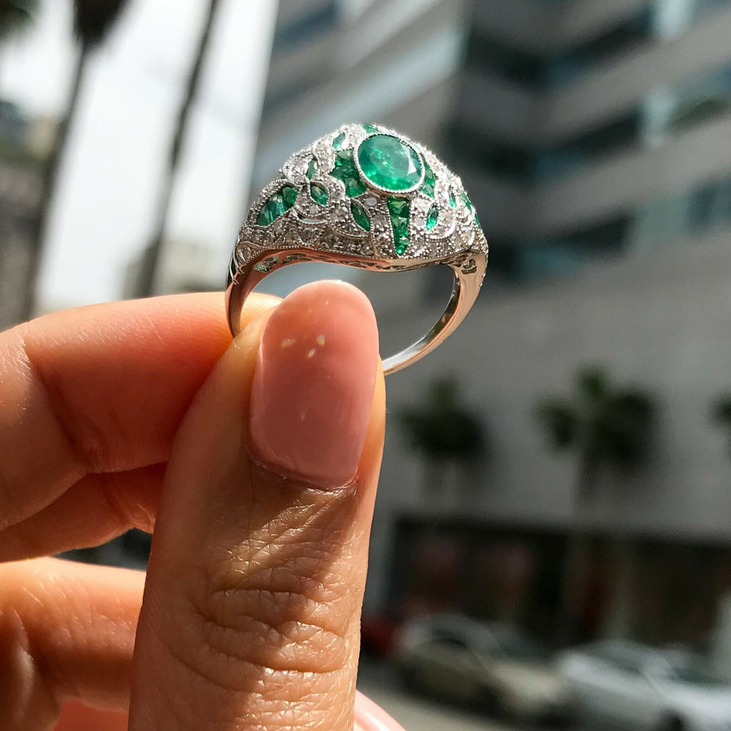 Platinum Diamond Emerald Ring Art Deco 2.49 CTW Natural
