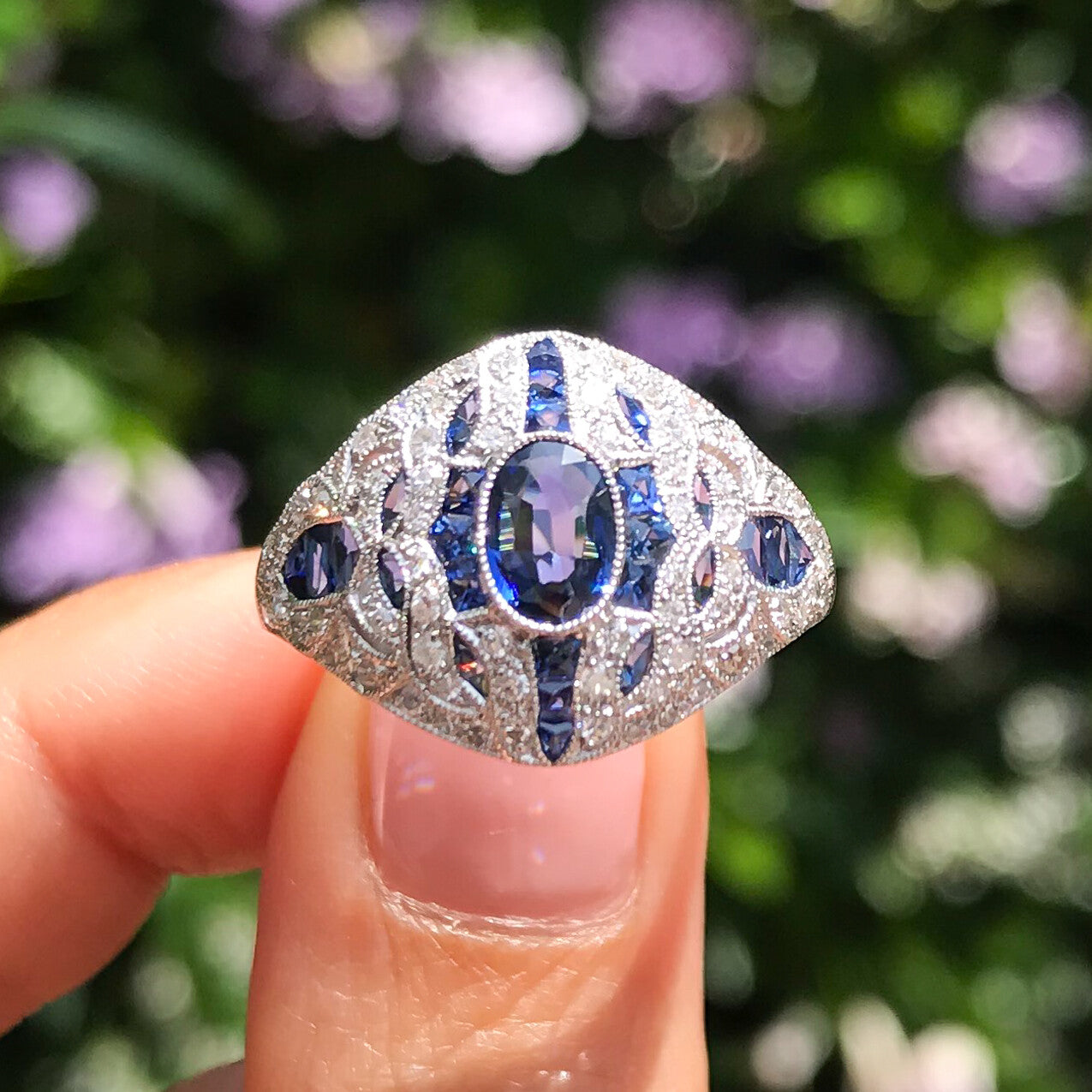 Art Deco Blue Sapphire Diamond Platinum Ring Handmade Antique Inspired 2.53 TCW
