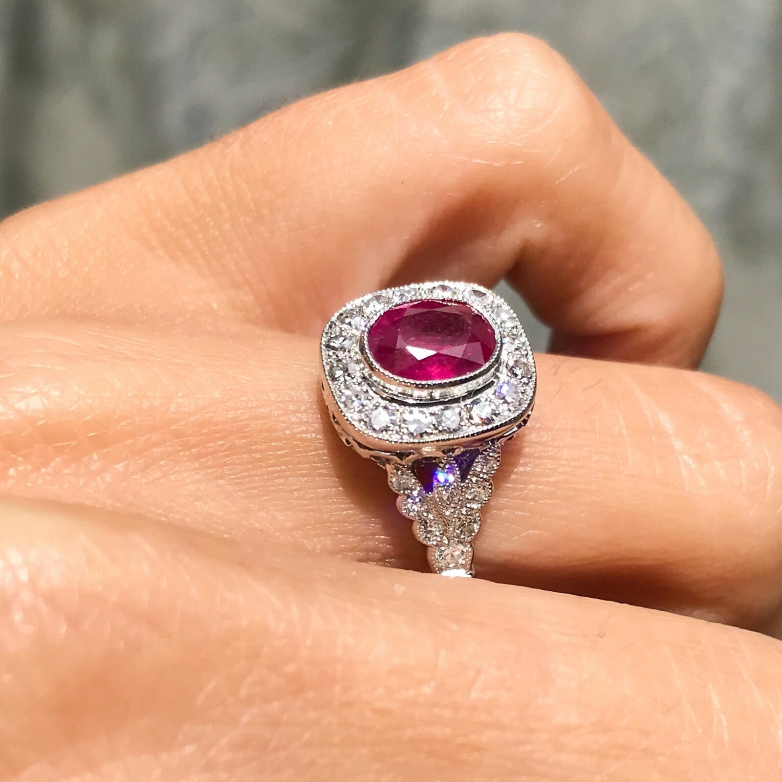 Ruby Diamond Platinum Engagement Ring Art Deco Handmade Vintage Antique Finish