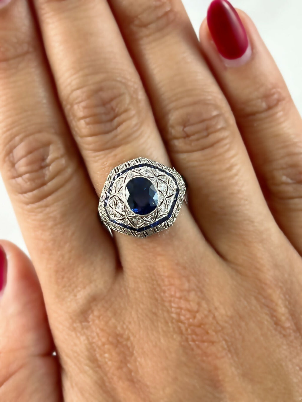 Oval Blue Sapphire Diamond Platinum Ring Art Deco Cocktail Natural 2.51 TCW