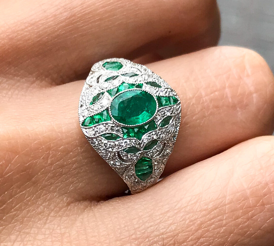 Platinum Diamond Emerald Ring Art Deco 2.49 CTW Natural