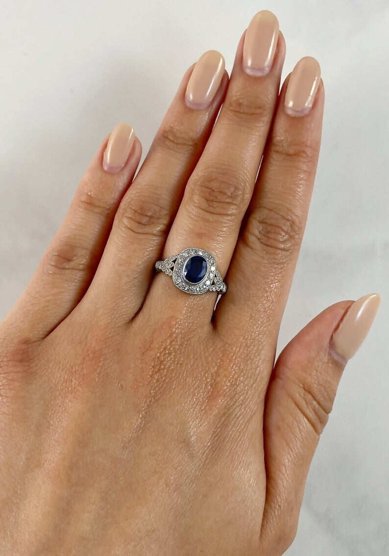 Blue Sapphire Diamond Platinum Engagement Ring Oval Antique Art Deco 1.97 CTW