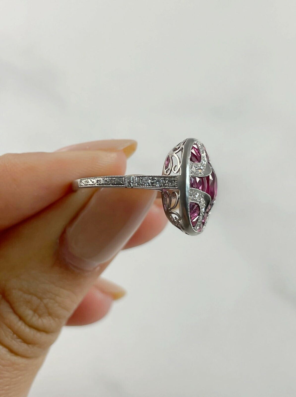 Ruby Diamond Art Deco Platinum Ring Handmade Certified Natural Antique Finish