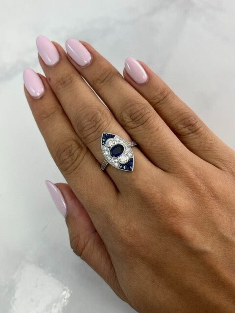 Blue Sapphire Diamond Platinum Ring Art Deco Antique Design Natural 2.07 CTW
