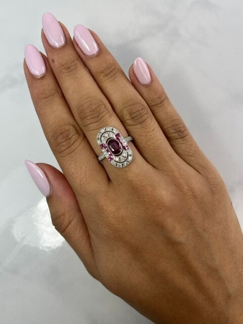 Art Deco Oval Ruby Diamond Platinum Ring Natural 1.66 CTW Cocktail Anniversary