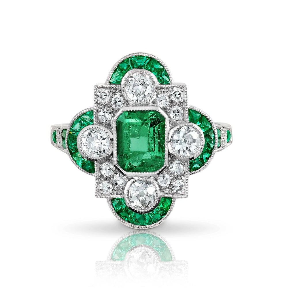 Art Deco Diamond Emerald Platinum Ring Natural 2.08 CTW