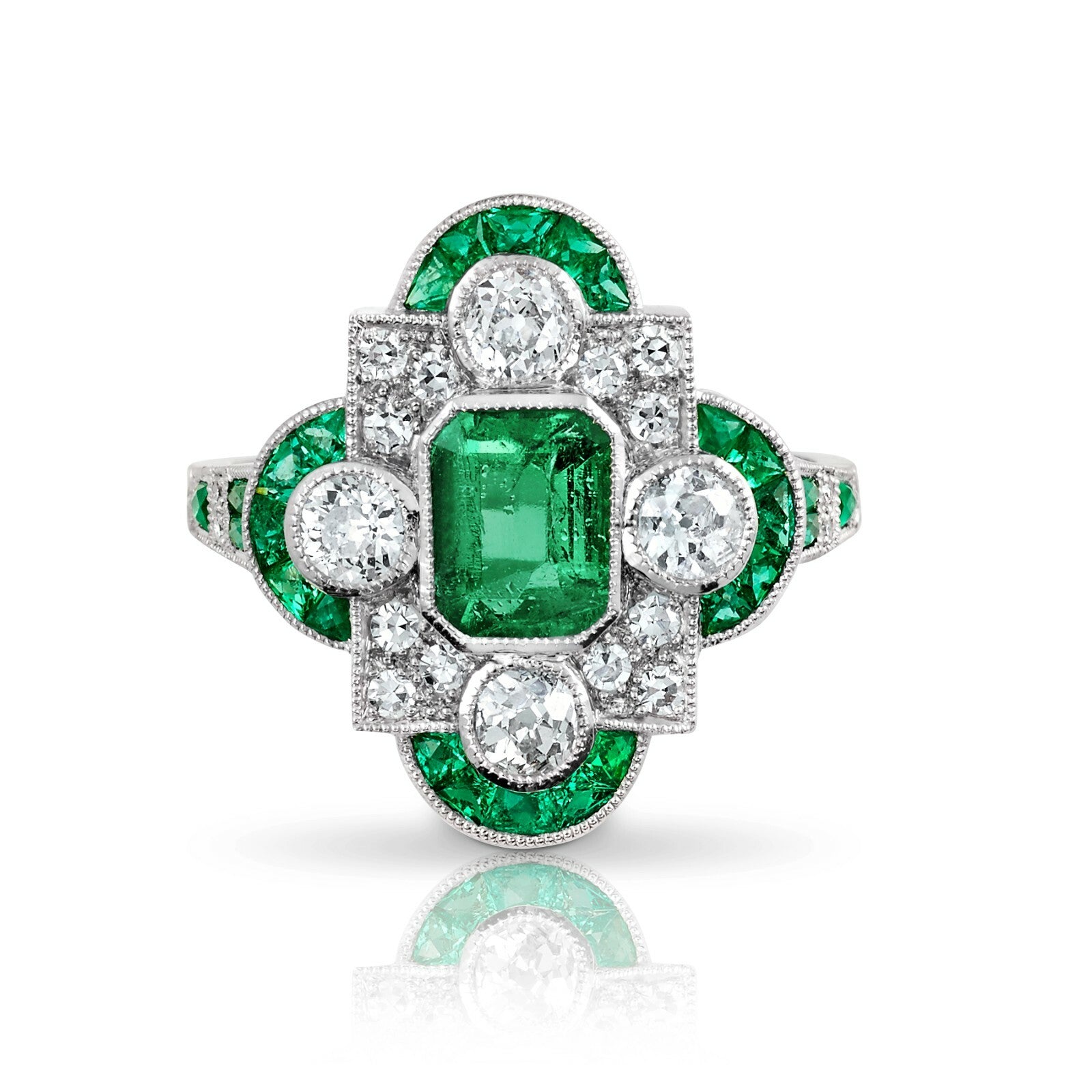 Art Deco Diamond Emerald Platinum Ring Natural 2.08 CTW