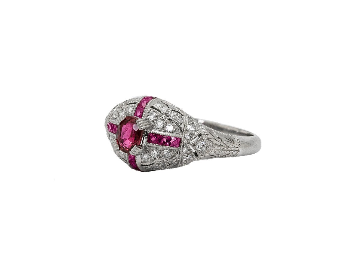 Art Deco Ruby Diamond Platinum Ring Antique Inspired Natural Handmade Certified