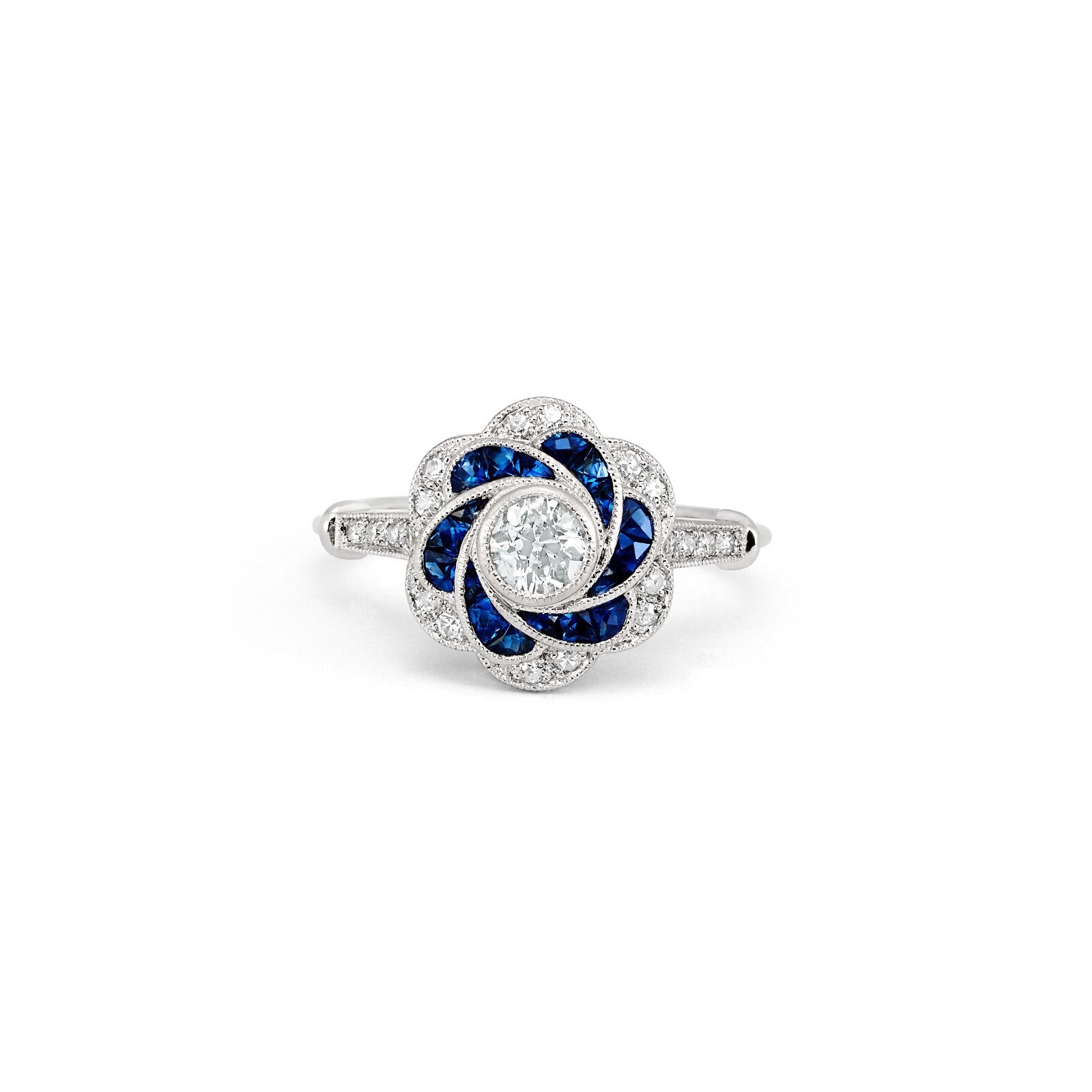 Art Deco Diamond Sapphire Platinum Flower Ring Natural Handmade 1.10 TCW