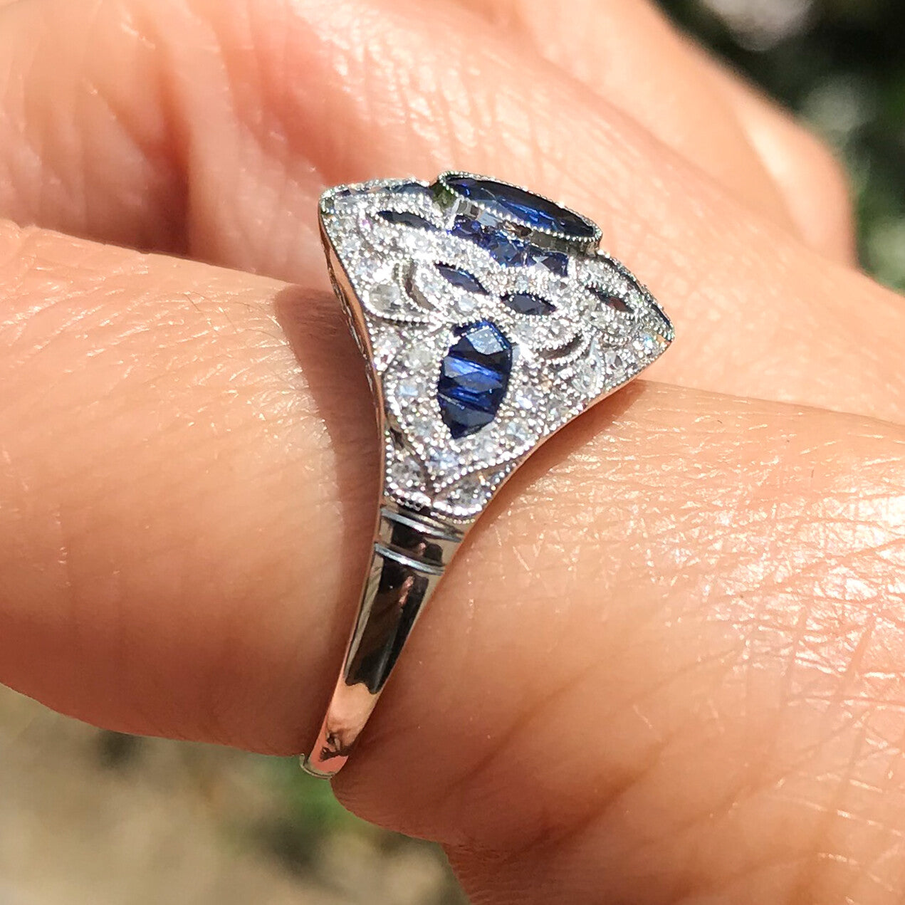 Art Deco Blue Sapphire Diamond Platinum Ring Handmade Antique Inspired 2.53 TCW