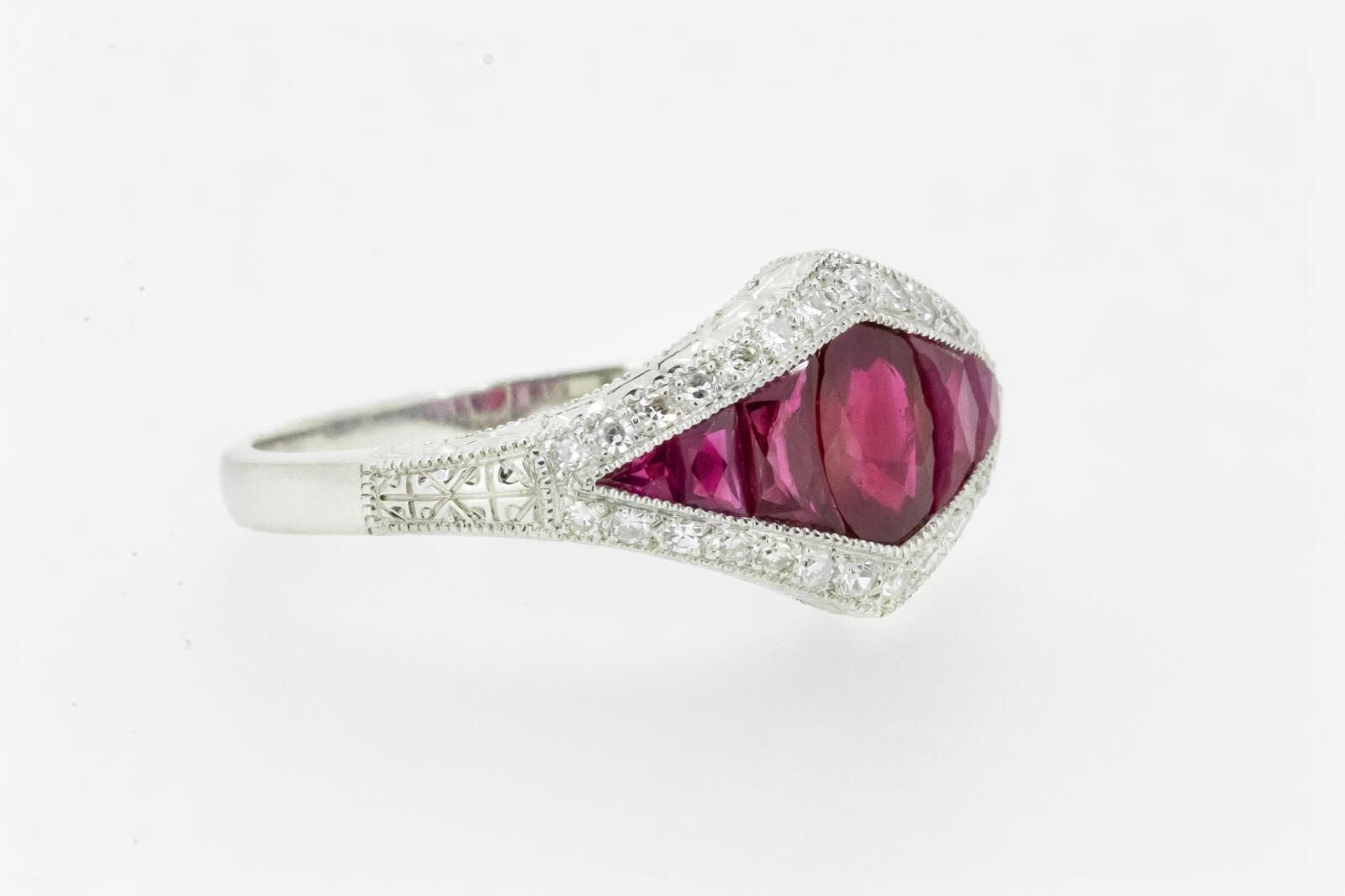 Art Deco Inspired Ruby Diamond Platinum Ring Natural Oval French Cut 1.04CTW
