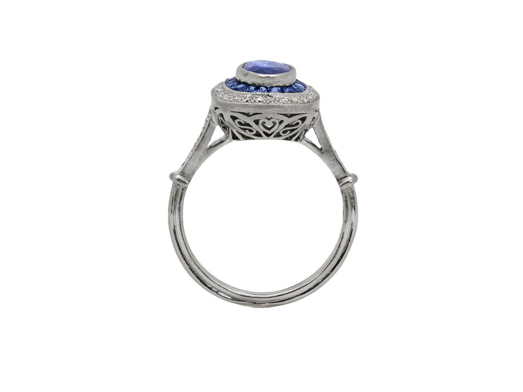 Blue Sapphire Diamond Platinum Engagement Ring Art Deco Natural 1.60CTW Handmade