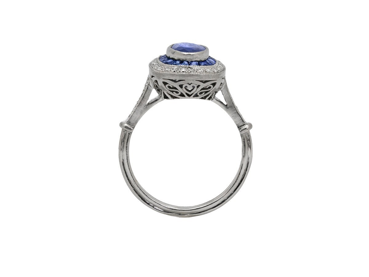 Blue Sapphire Diamond Platinum Engagement Ring Art Deco Natural 1.60CTW Handmade
