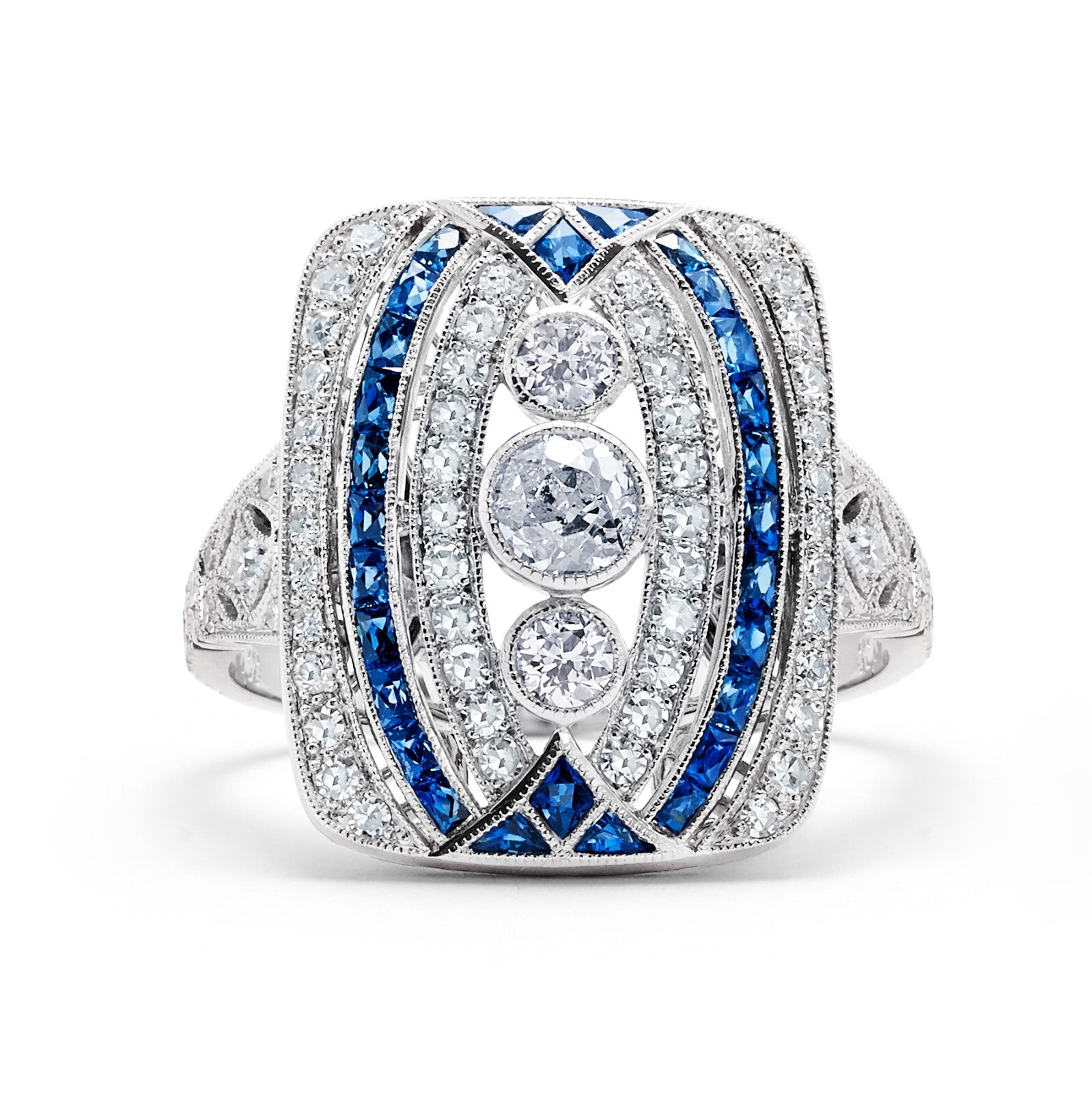 Art Deco Diamond Blue Sapphire Platinum Ring Handmade Antique Finish Cocktail
