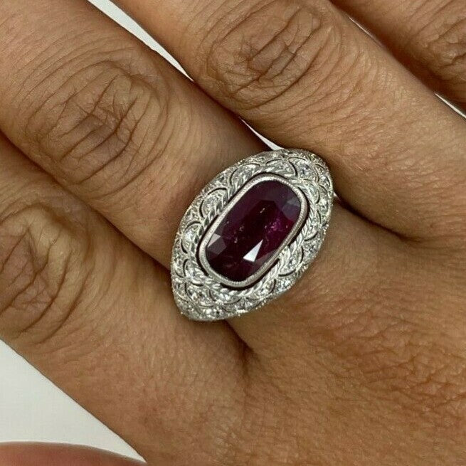 Art Deco Cushion Ruby Diamond Platinum Ring Handmade GIA Antique Finish 5.49 TCW