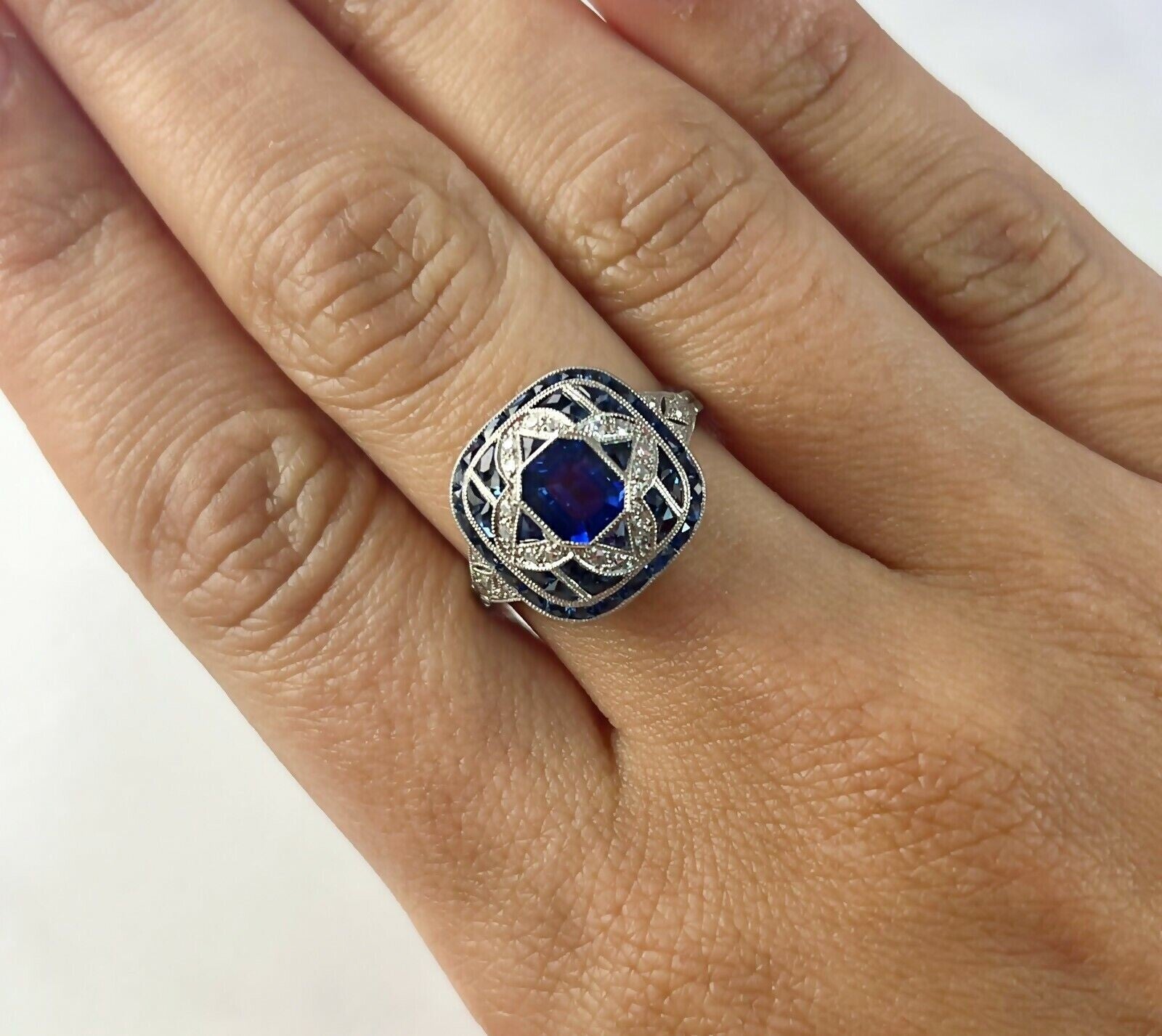 Art Deco Blue Sapphire Old Mine Diamond Engagement Ring Platinum European 2.28CT