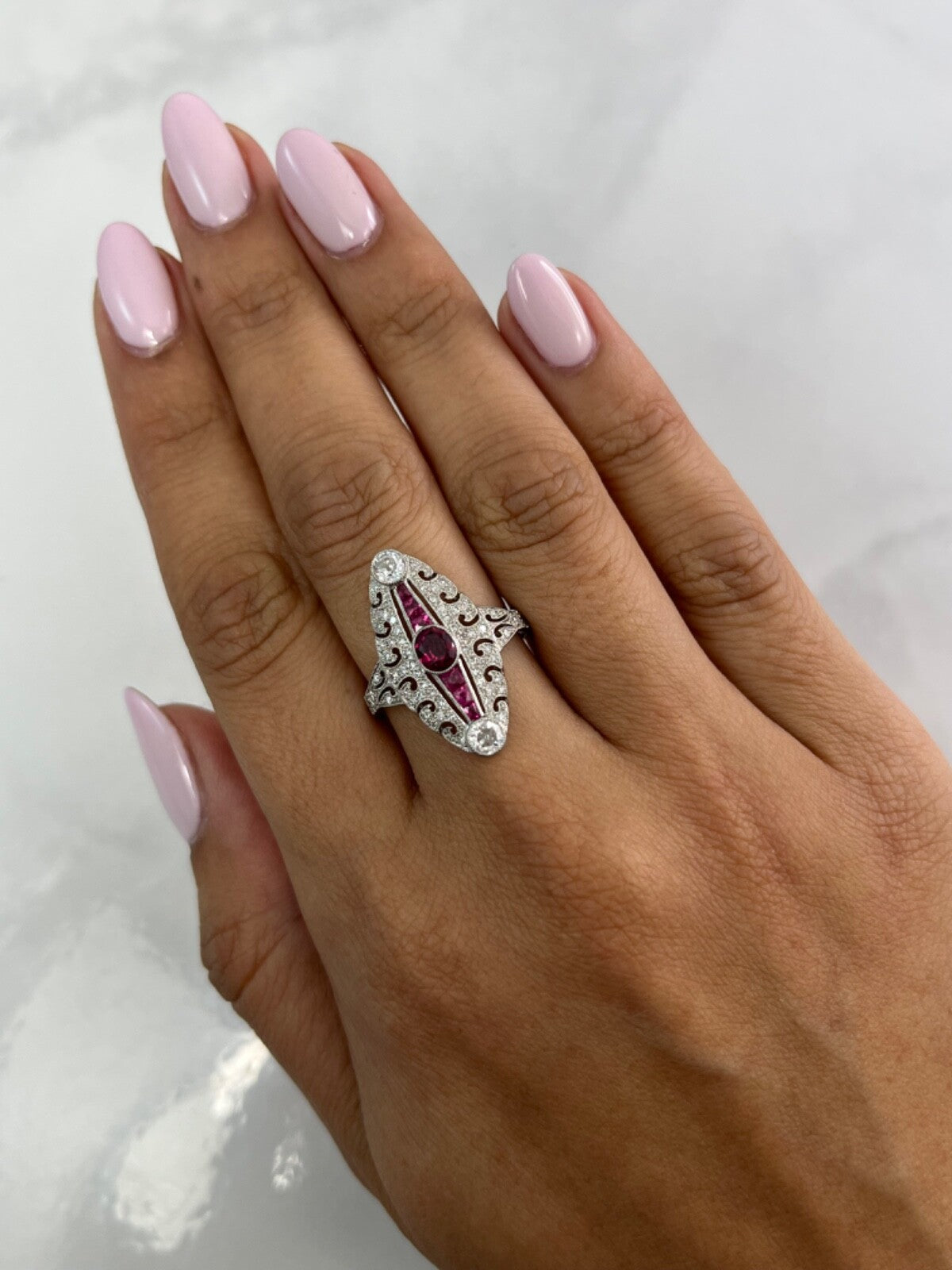 Art Deco Oval Ruby Diamond Platinum Ring Antique Inspired Natural 1.34 CTW