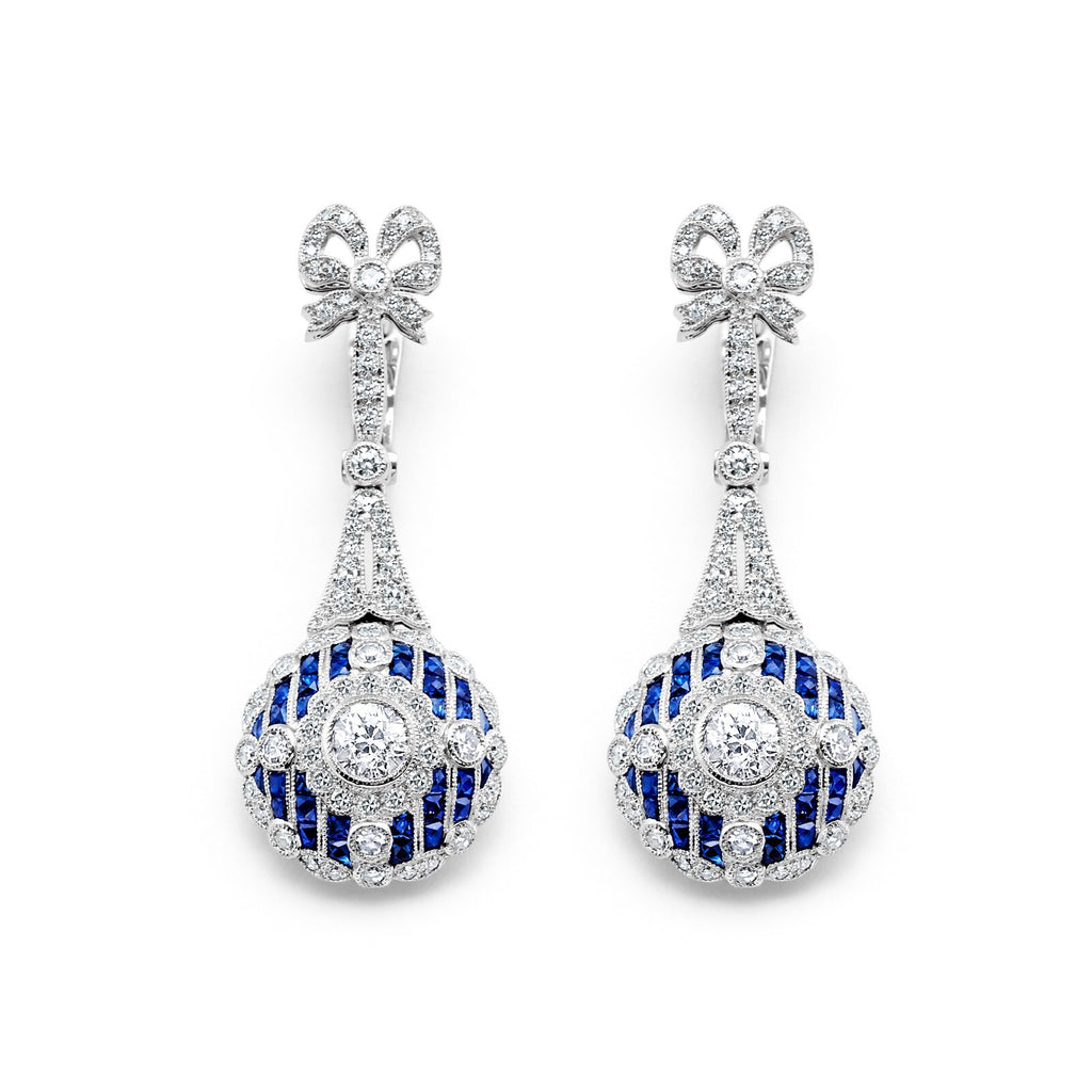 Diamond Sapphire Platinum Earrings Art Deco Antique Inspired Estate Natural